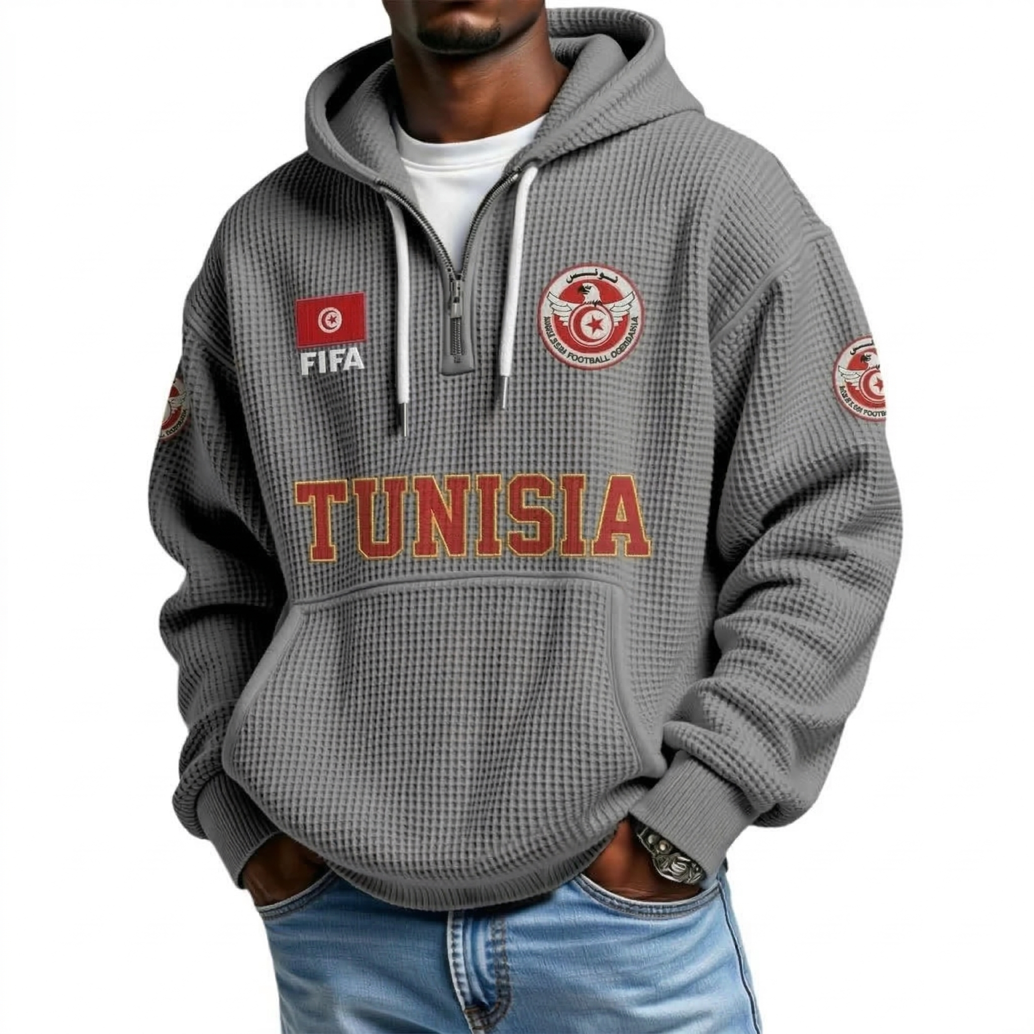 FIFA 2026 Tunisia Printed Waffle Quarter Zip Football Fan Hoodie