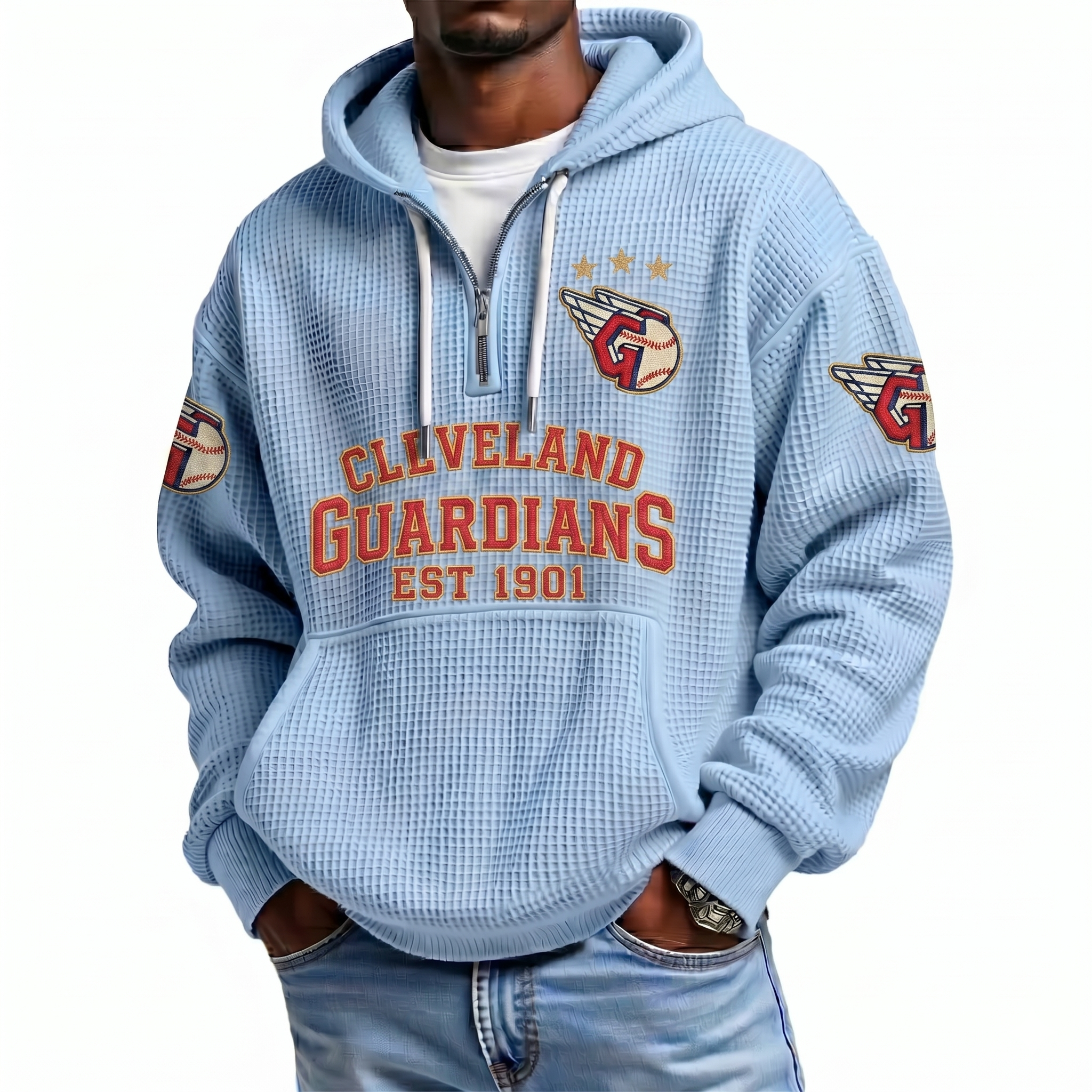 Cleveland Guardians EST 1901 Printed Waffle Quarter Zip Baseball Fan Hoodie
