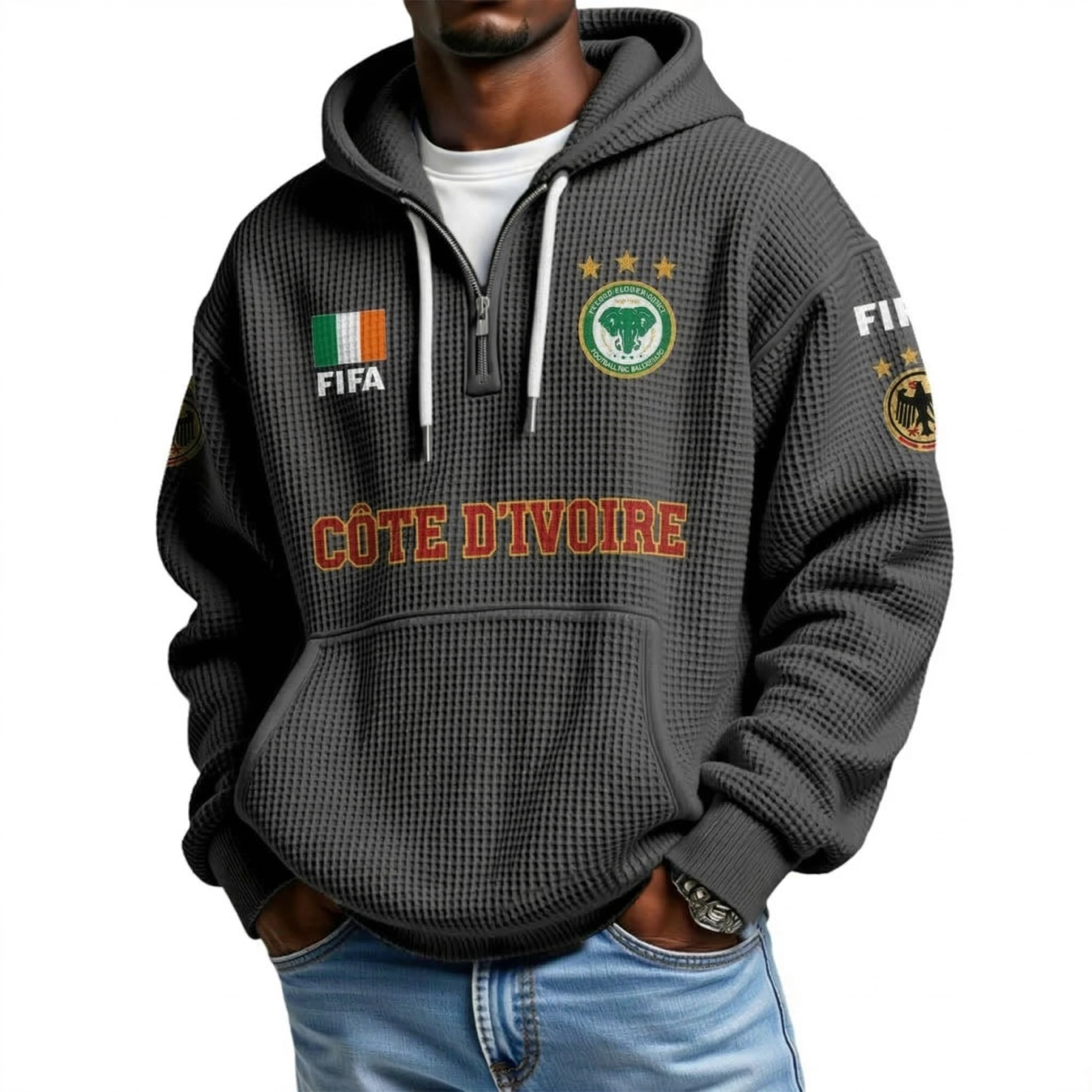 FIFA 2026 Côte d'Ivoire Printed Waffle Quarter Zip Football Fan Hoodie