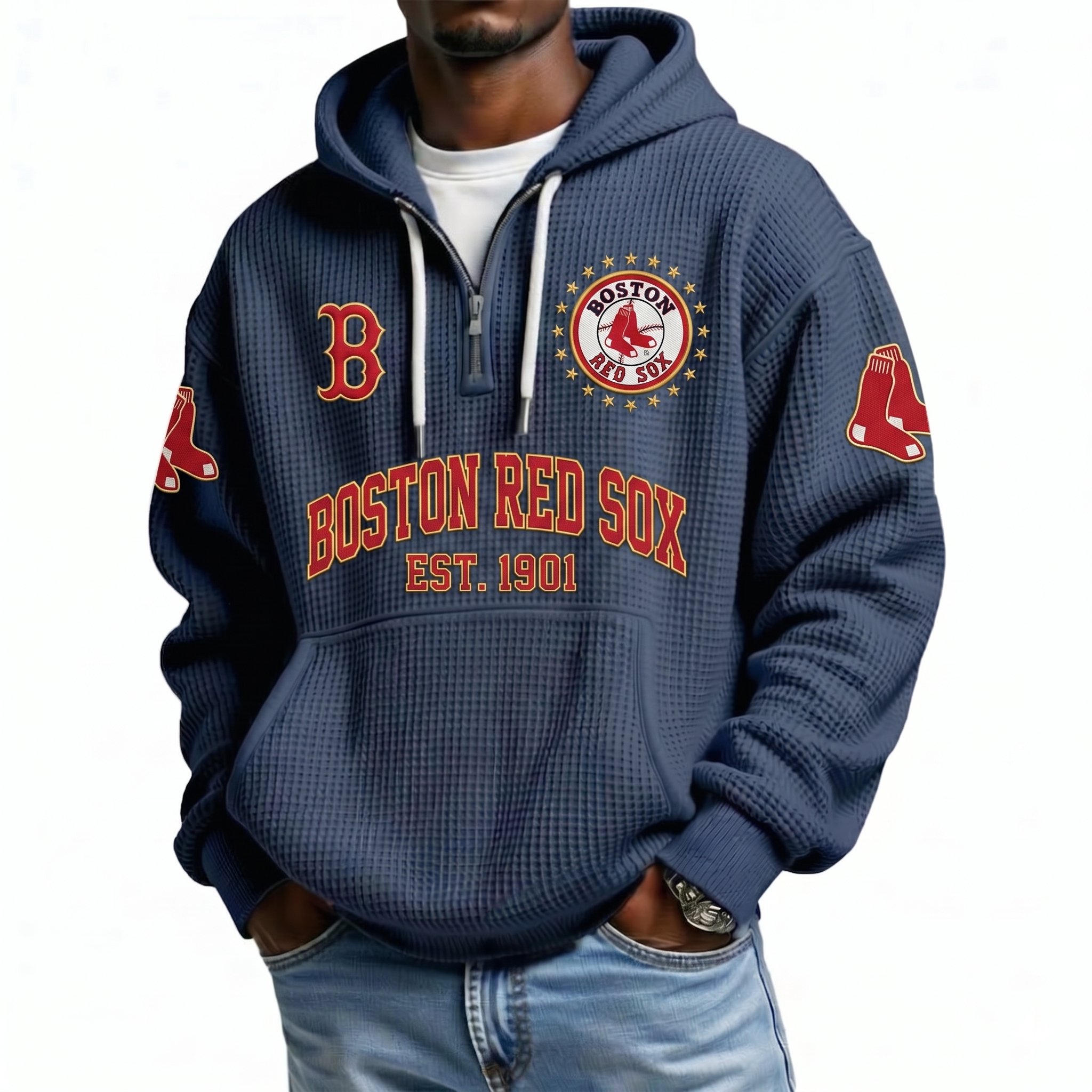 Boston Red Sox EST 1901 Printed Waffle Quarter Zip Baseball Fan Hoodie