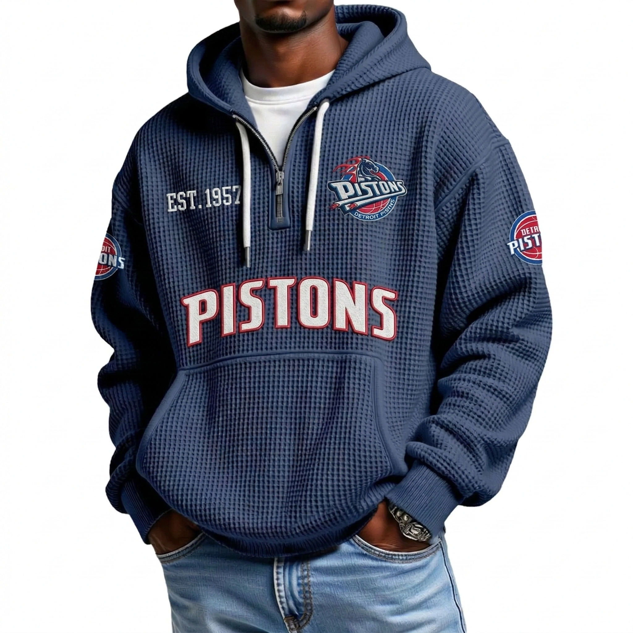 Detroit Pistons EST 1957 Printed Waffle Quarter Zip Basketball Fan Hoodie