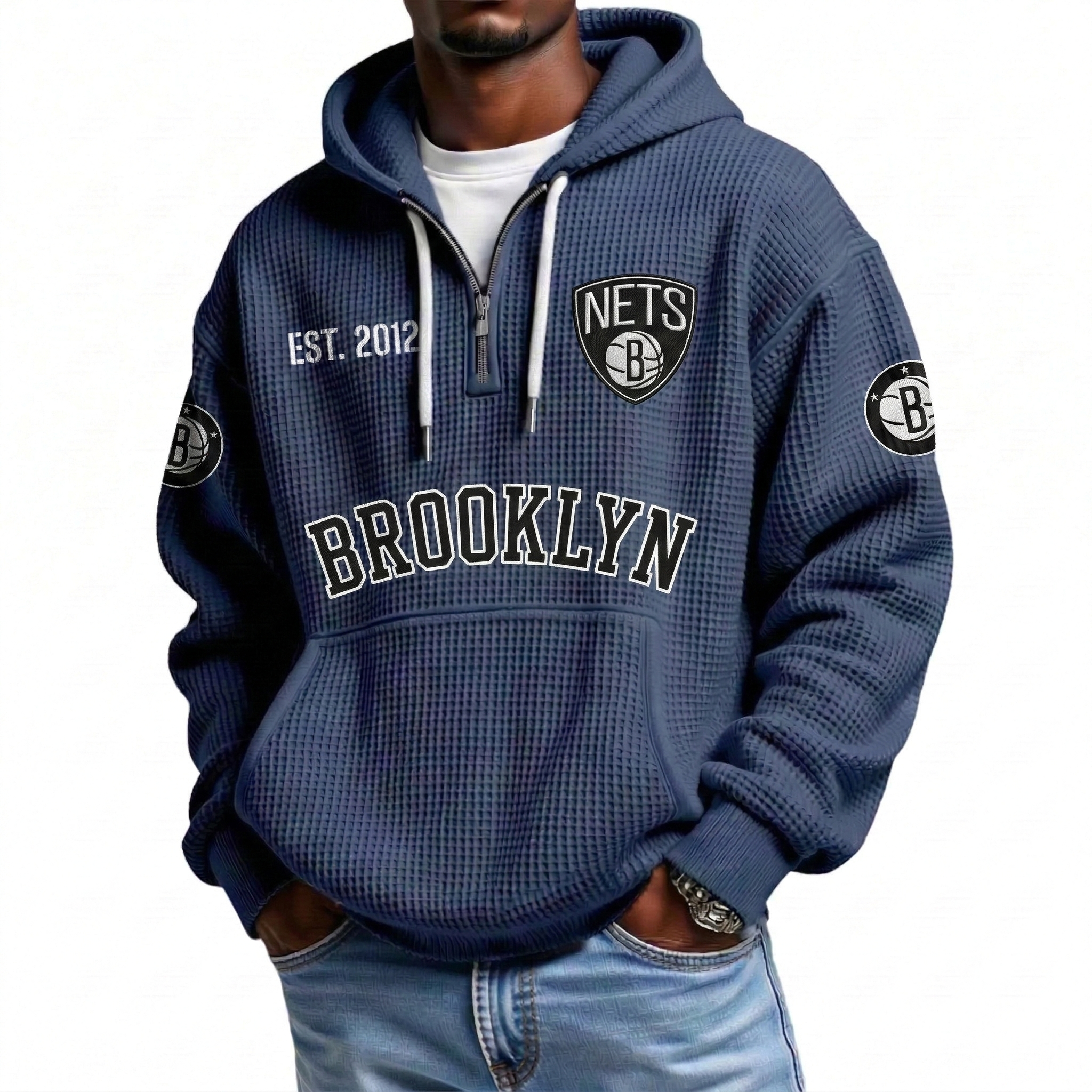 Brooklyn Nets EST 1967 Printed Waffle Quarter Zip Basketball Fan Hoodie