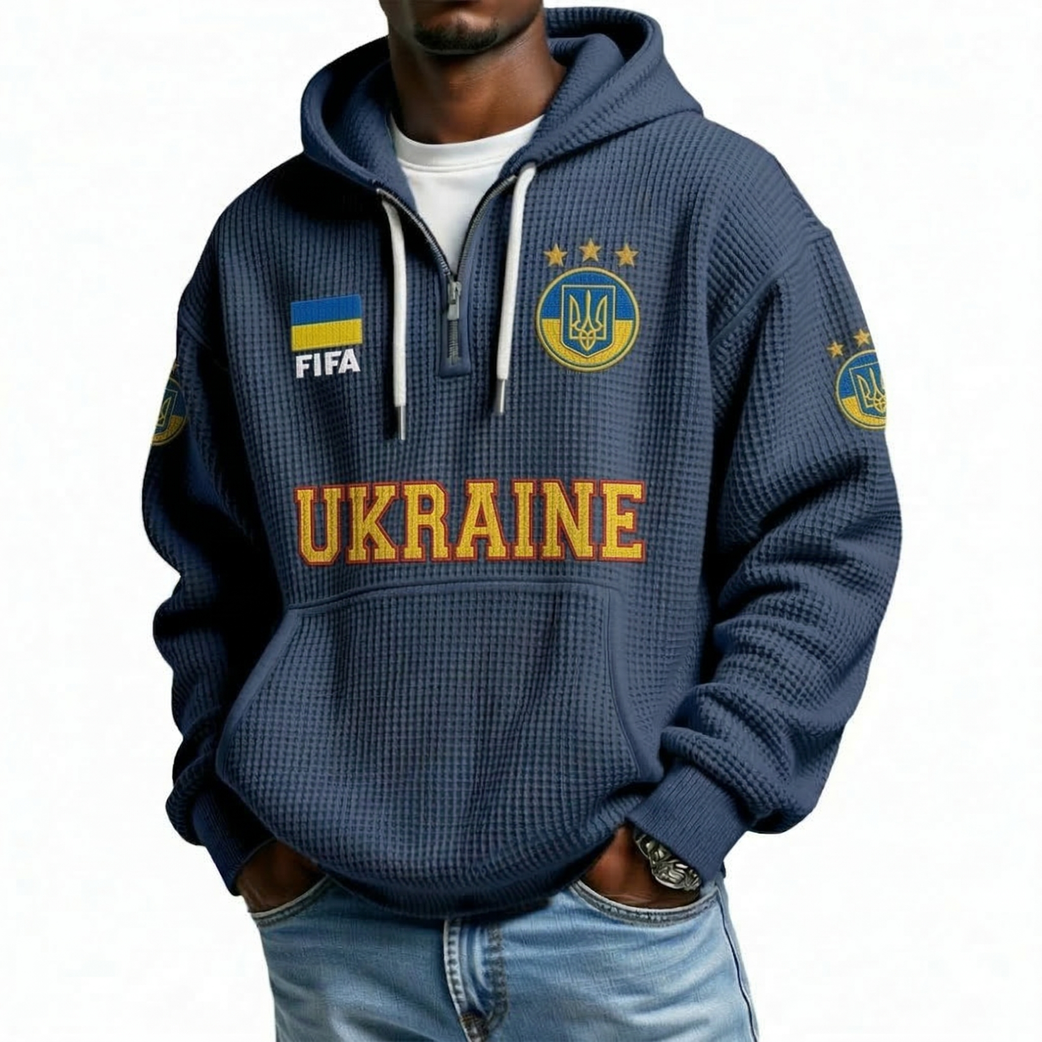FIFA 2026 Ukraine Printed Waffle Quarter Zip Football Fan Hoodie