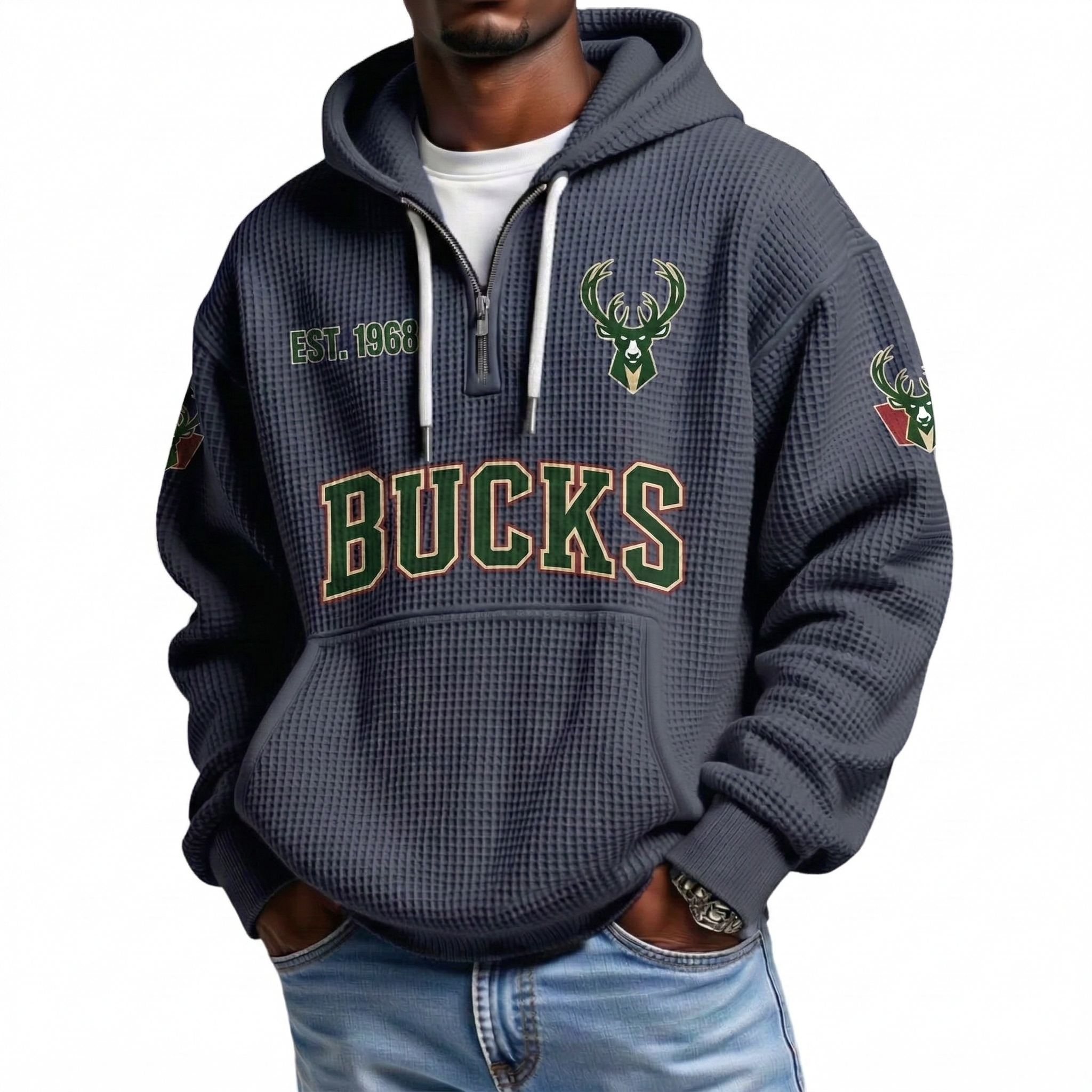 Milwaukee Bucks EST 1968 Printed Waffle Quarter Zip Basketball Fan Hoodie