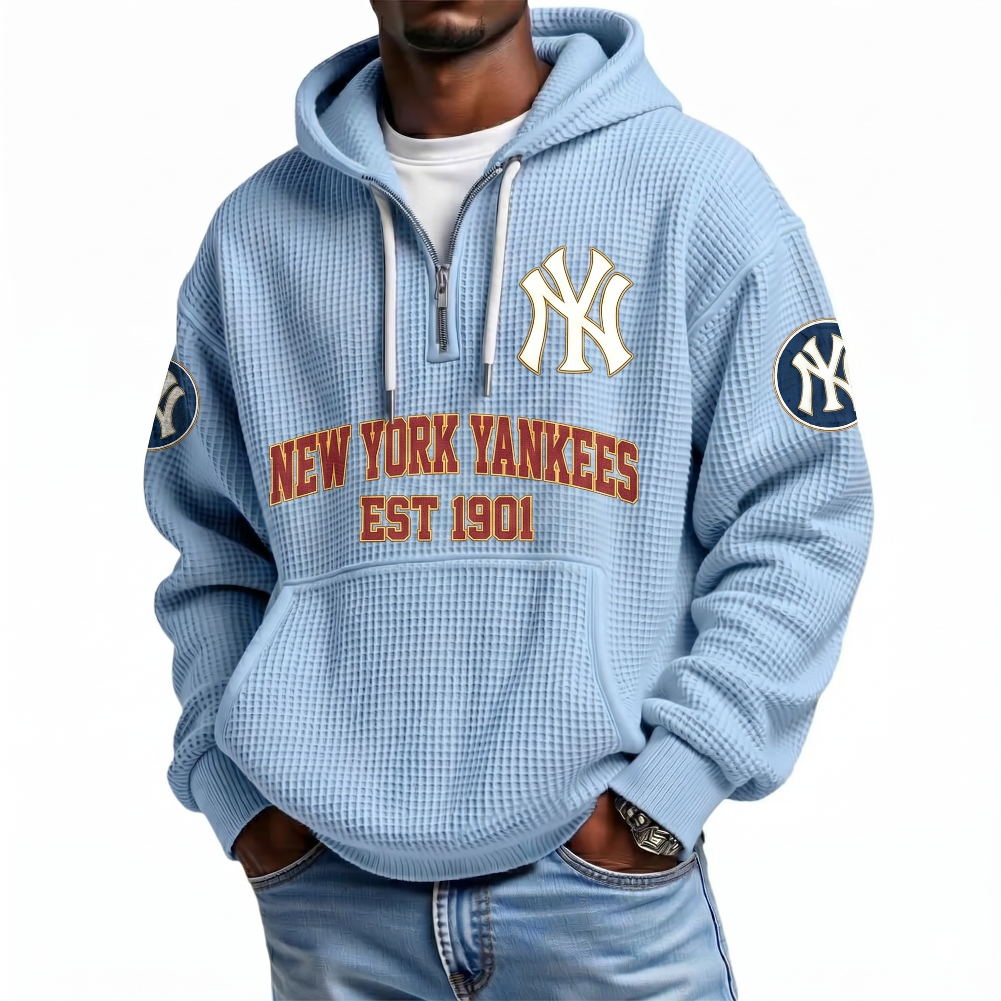 New York Yankees EST 1901 Printed Waffle Quarter Zip Baseball Fan Hoodie
