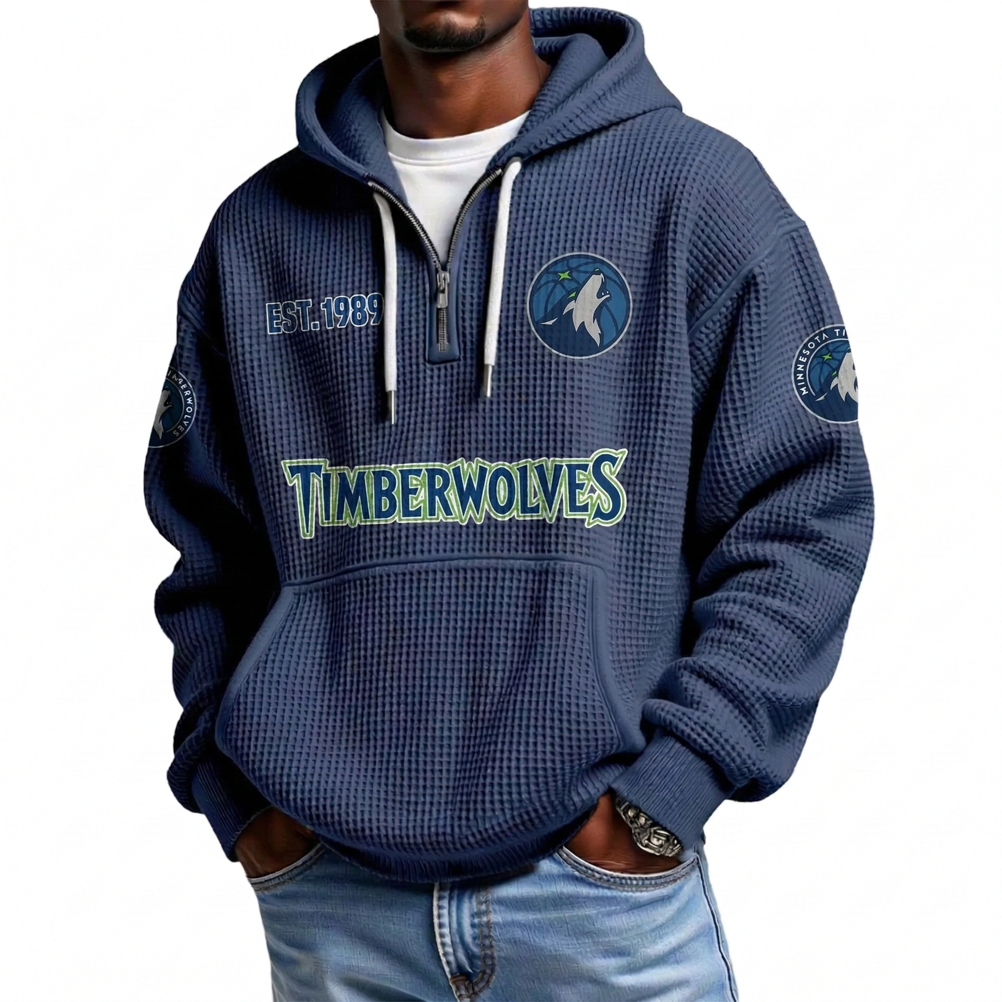Minnesota Timberwolves EST 1989 Printed Waffle Quarter Zip Basketball Fan Hoodie