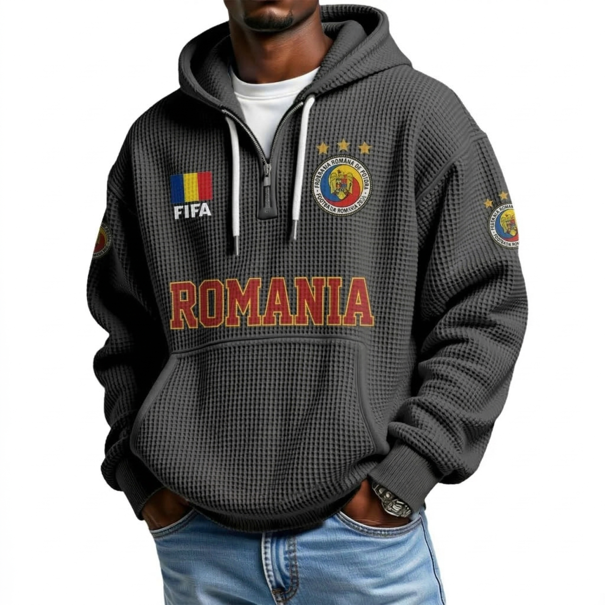 FIFA 2026 Romania Printed Waffle Quarter Zip Football Fan Hoodie