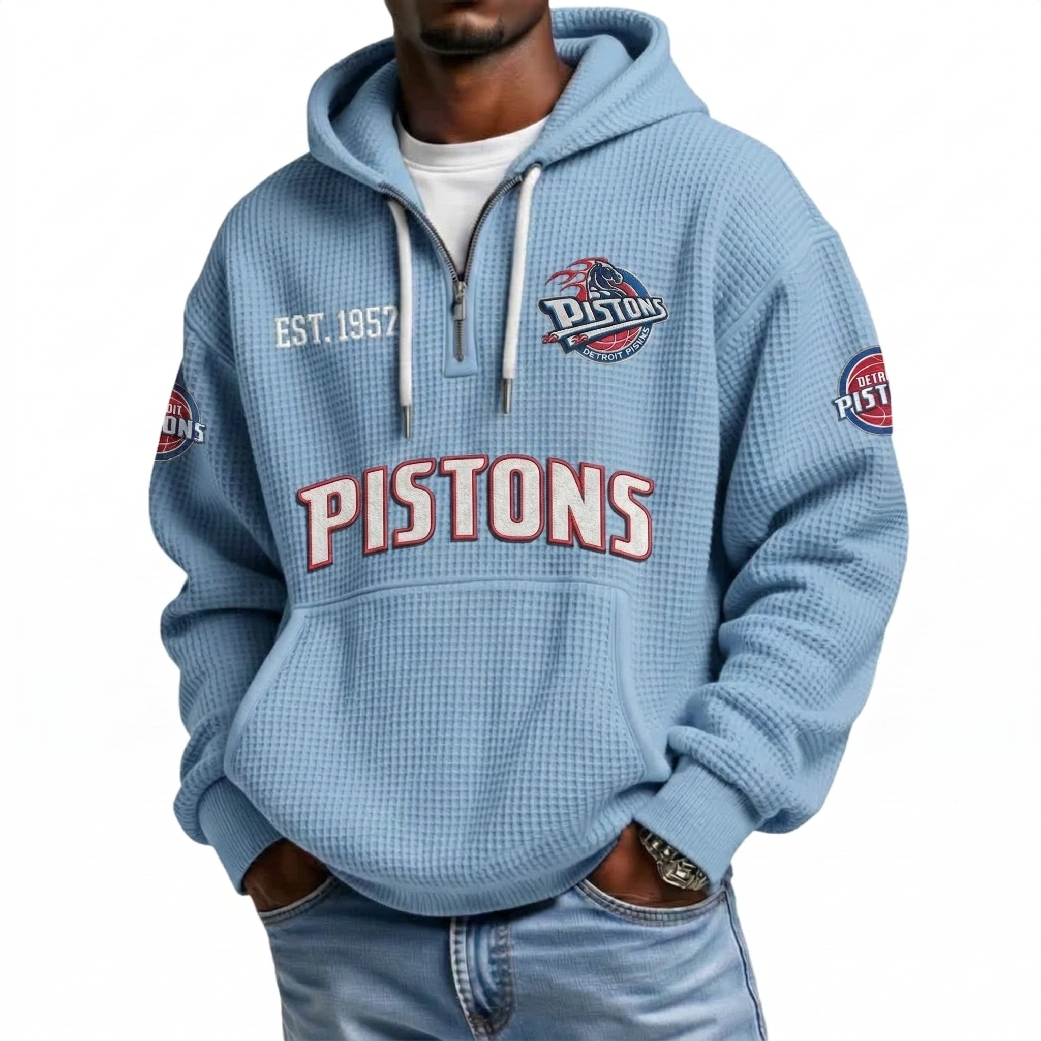 Detroit Pistons EST 1957 Printed Waffle Quarter Zip Basketball Fan Hoodie
