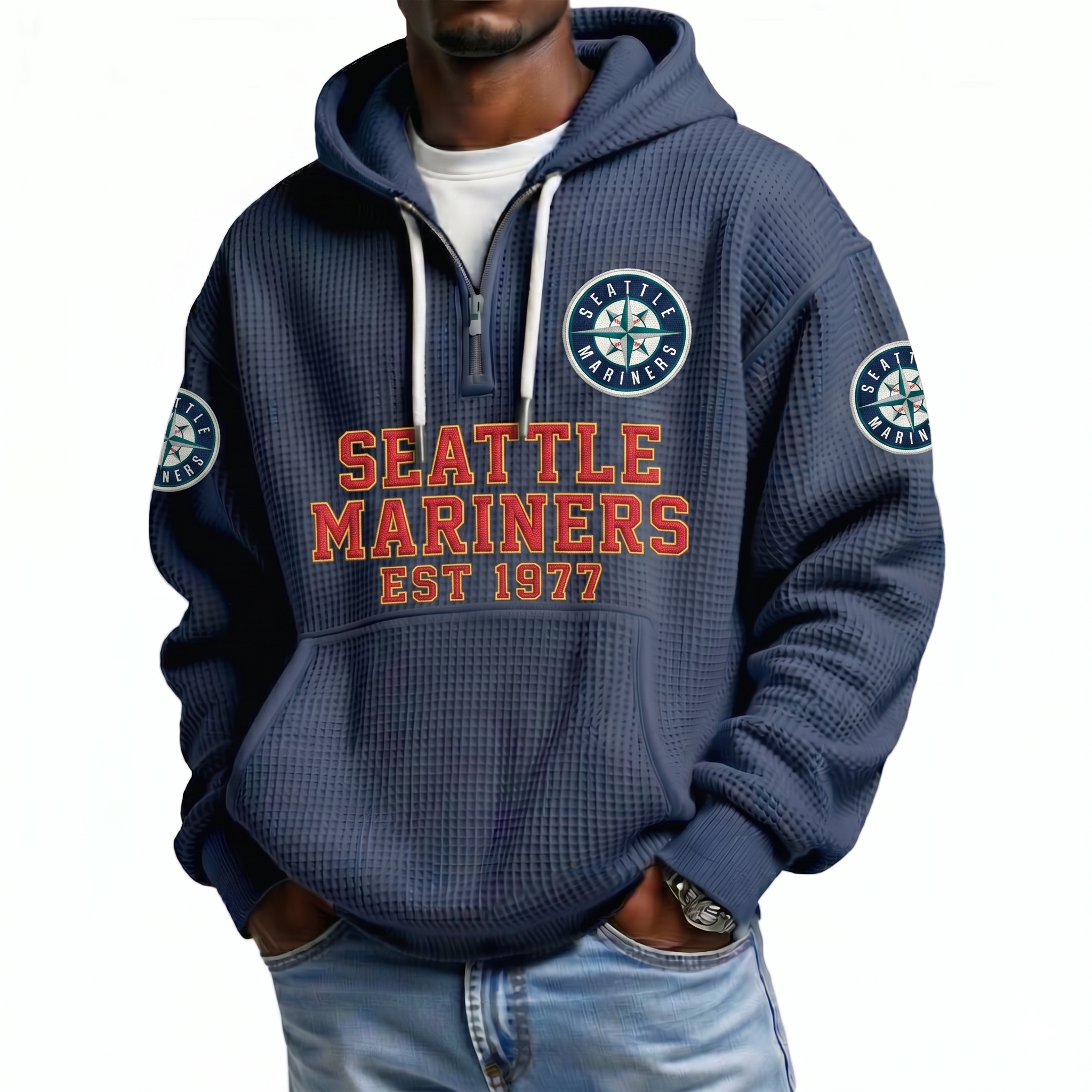 Seattle Mariners EST 1977 Printed Waffle Quarter Zip Baseball Fan Hoodie