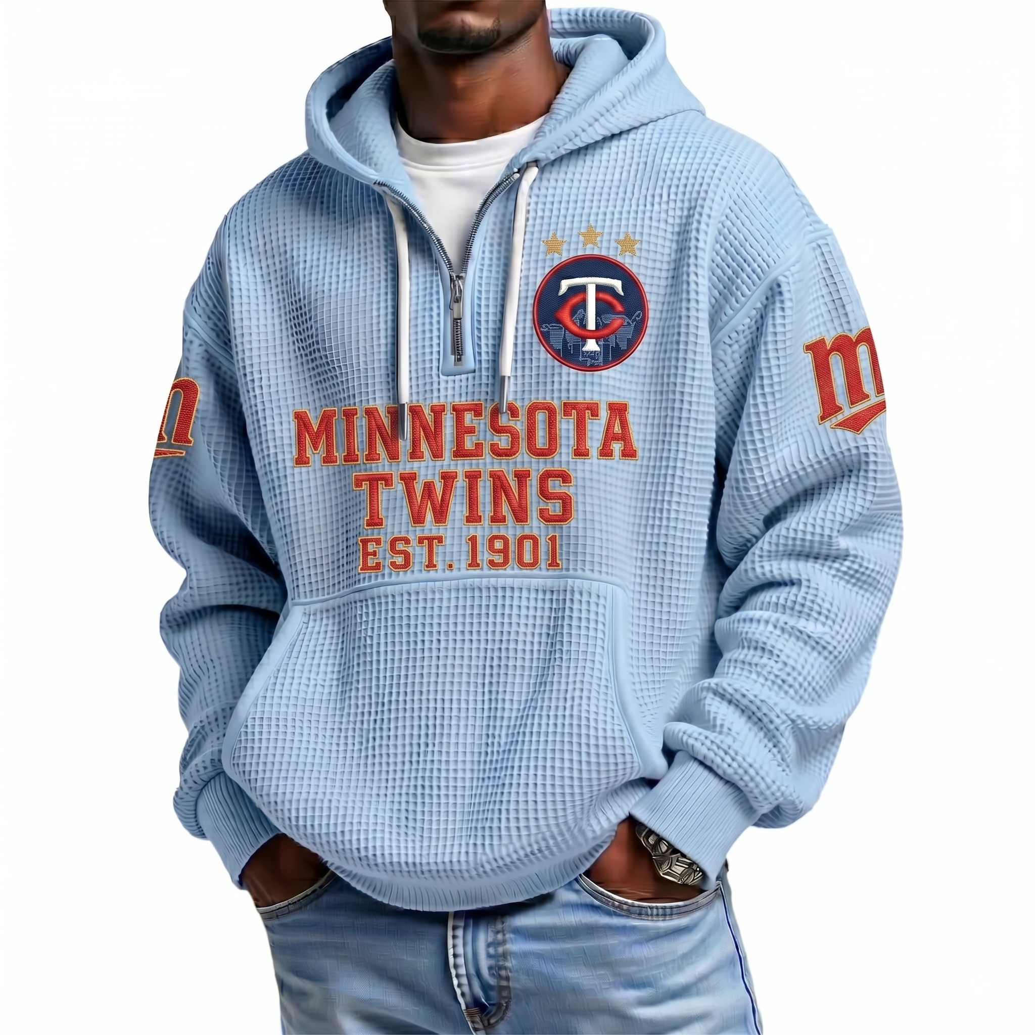 Minnesota Twins EST 1901 Printed Waffle Quarter Zip Baseball Fan Hoodie
