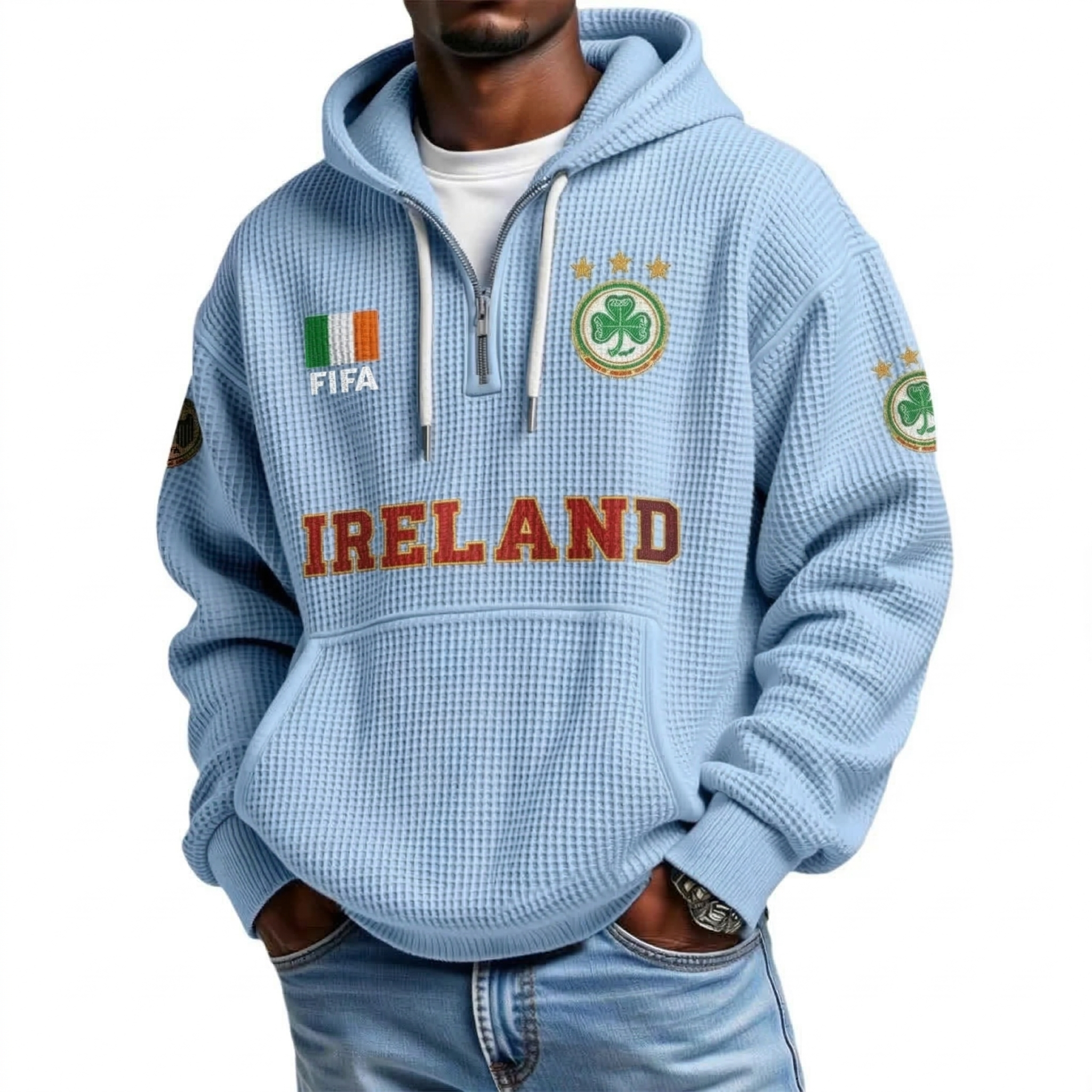 FIFA 2026 Ireland Printed Waffle Quarter Zip Football Fan Hoodie