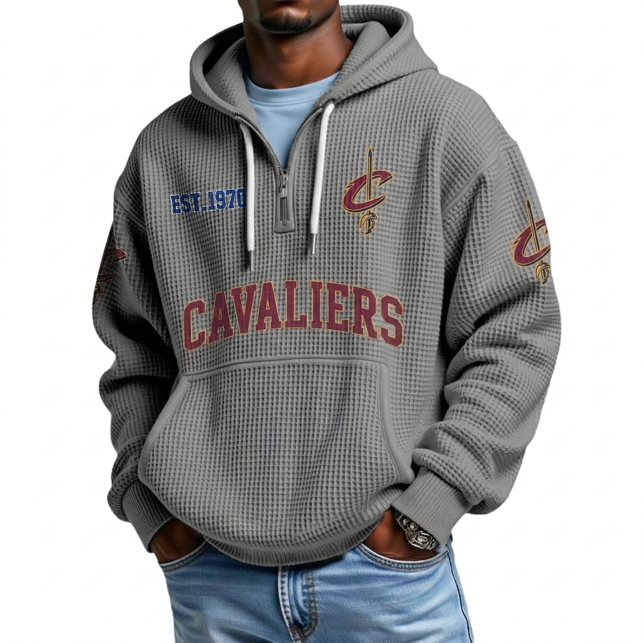Cleveland Cavaliers EST 1970 Printed Waffle Quarter Zip Basketball Fan Hoodie