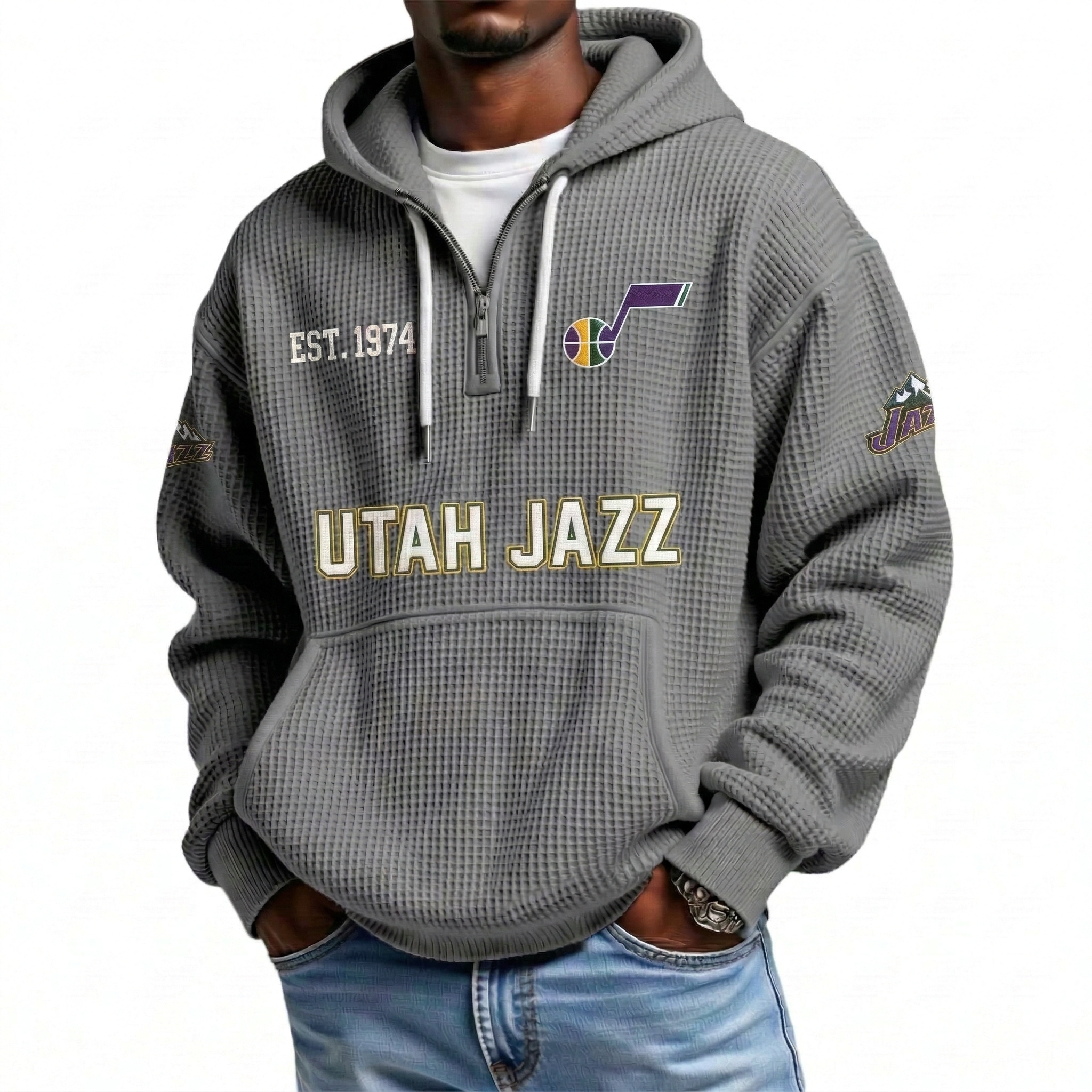 Utah Jazz EST 1974 Printed Waffle Quarter Zip Basketball Fan Hoodie