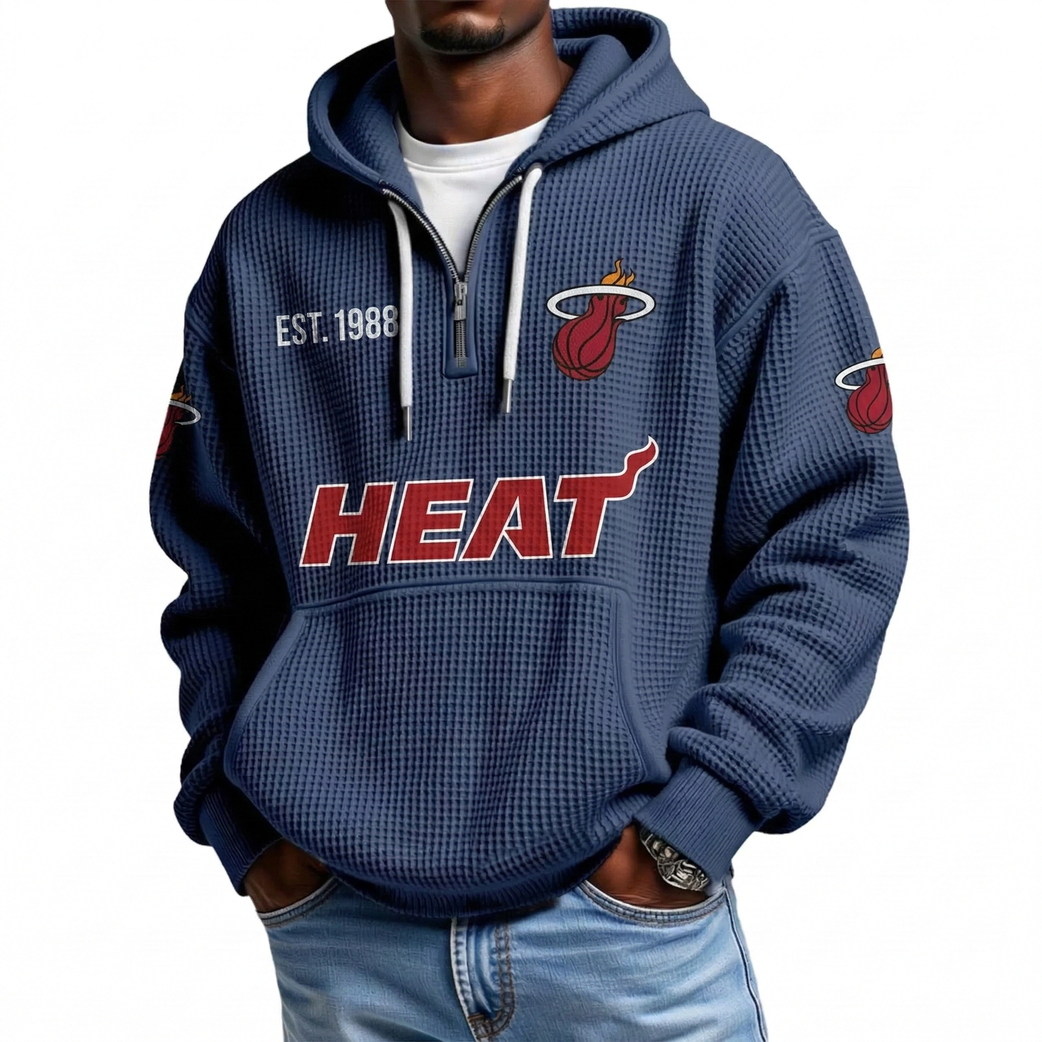 Miami Heat EST 1988 Printed Waffle Quarter Zip Basketball Fan Hoodie