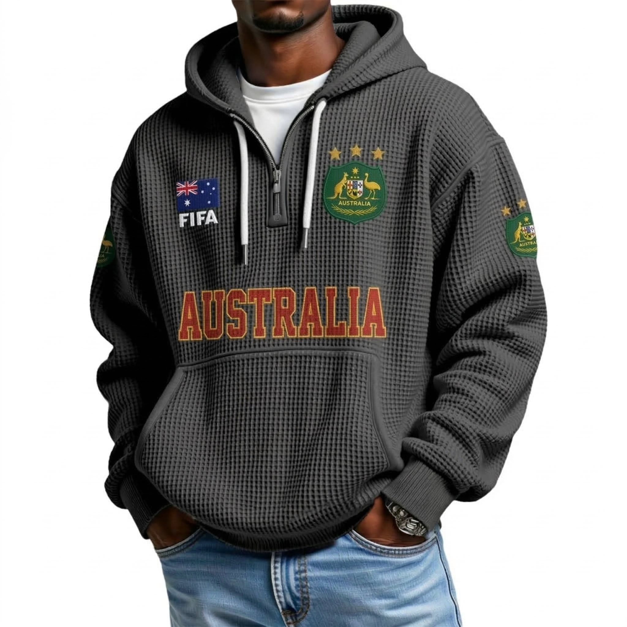 FIFA 2026 Australia Printed Waffle Quarter Zip Football Fan Hoodie