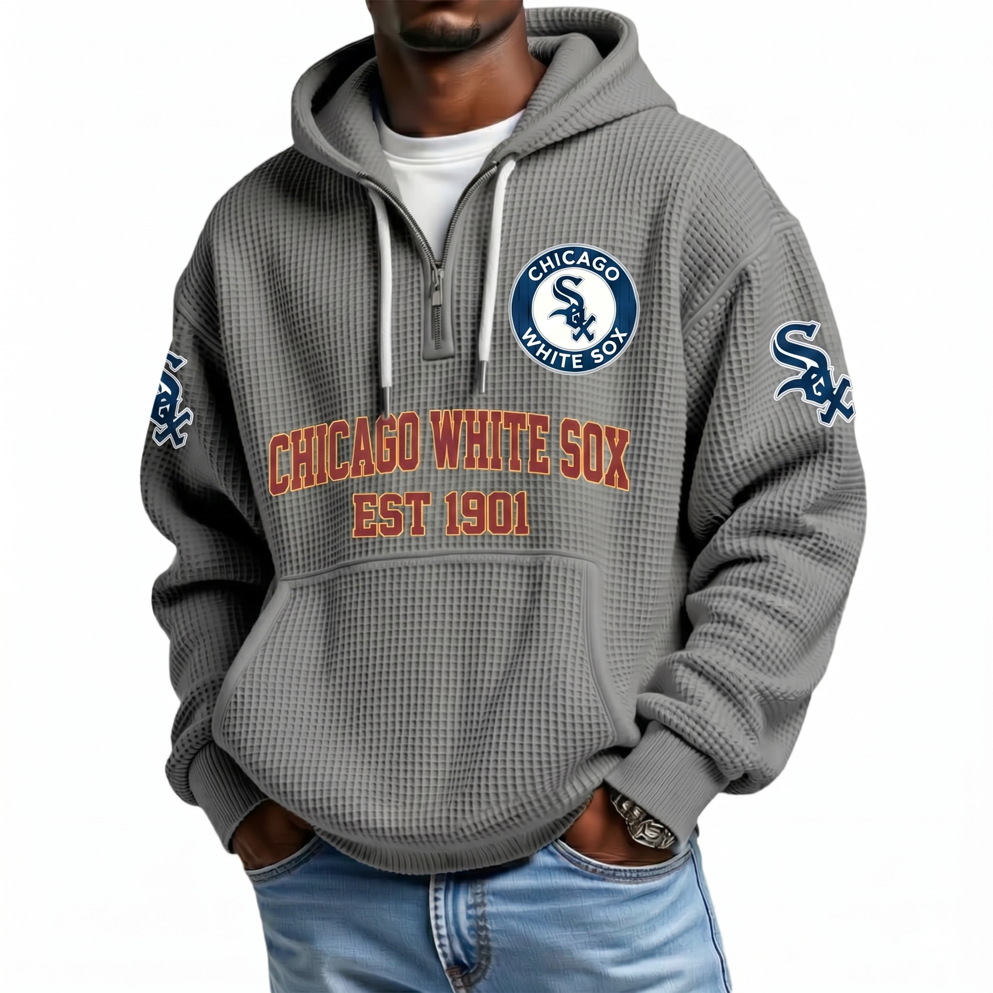 Chicago White Sox EST 1901 Printed Waffle Quarter Zip Baseball Fan Hoodie