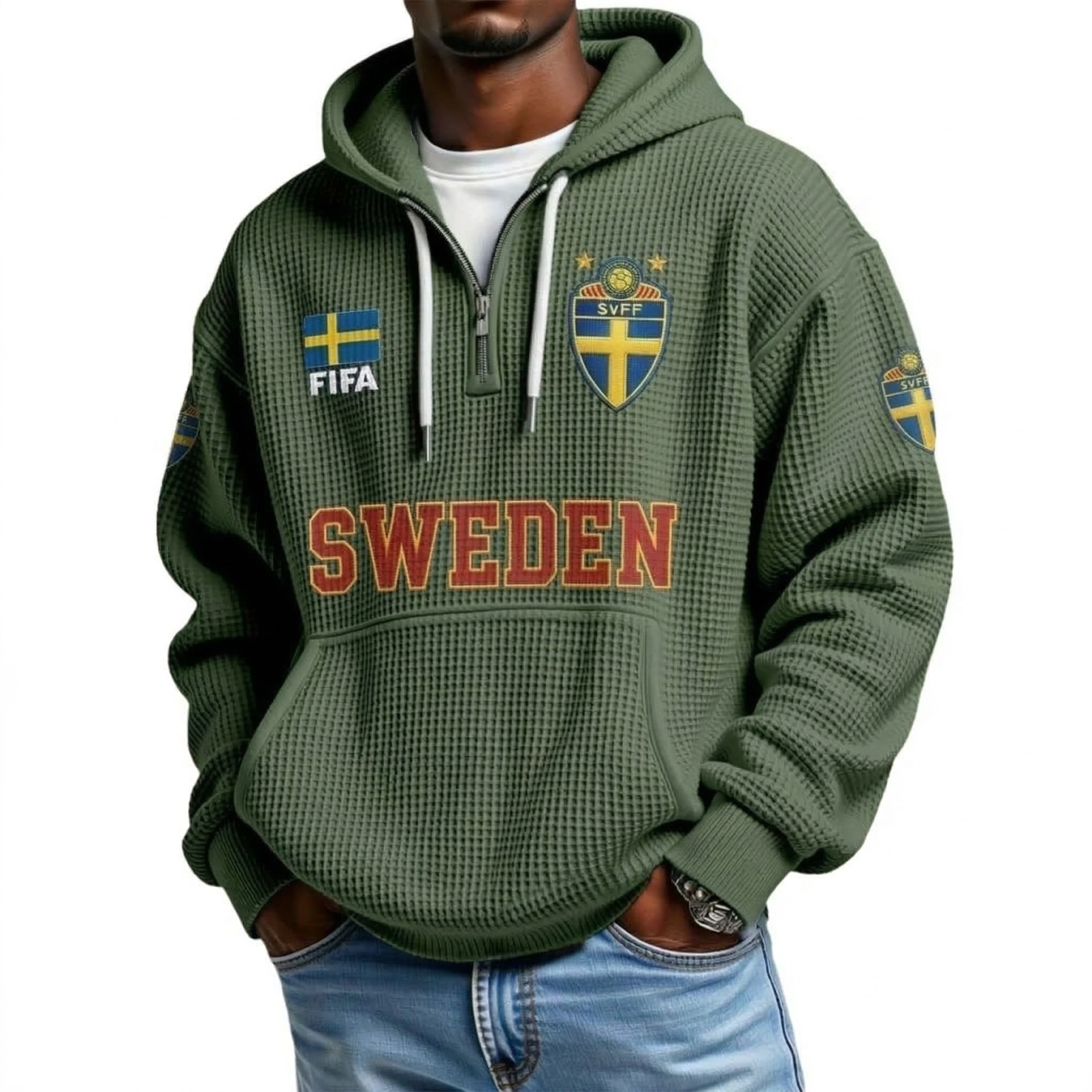 FIFA 2026 Sweden Printed Waffle Quarter Zip Football Fan Hoodie