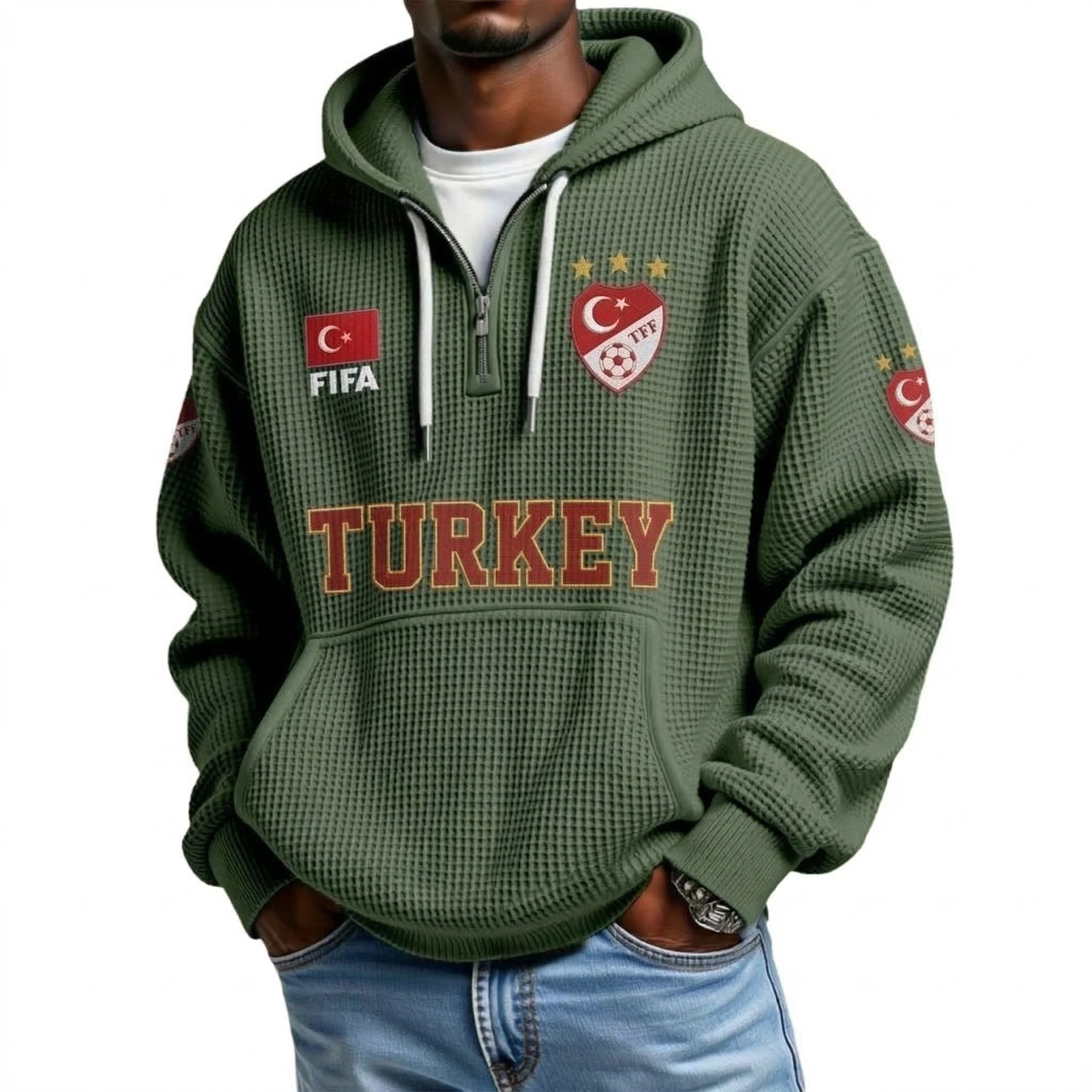 FIFA 2026 Turkey Printed Waffle Quarter Zip Football Fan Hoodie