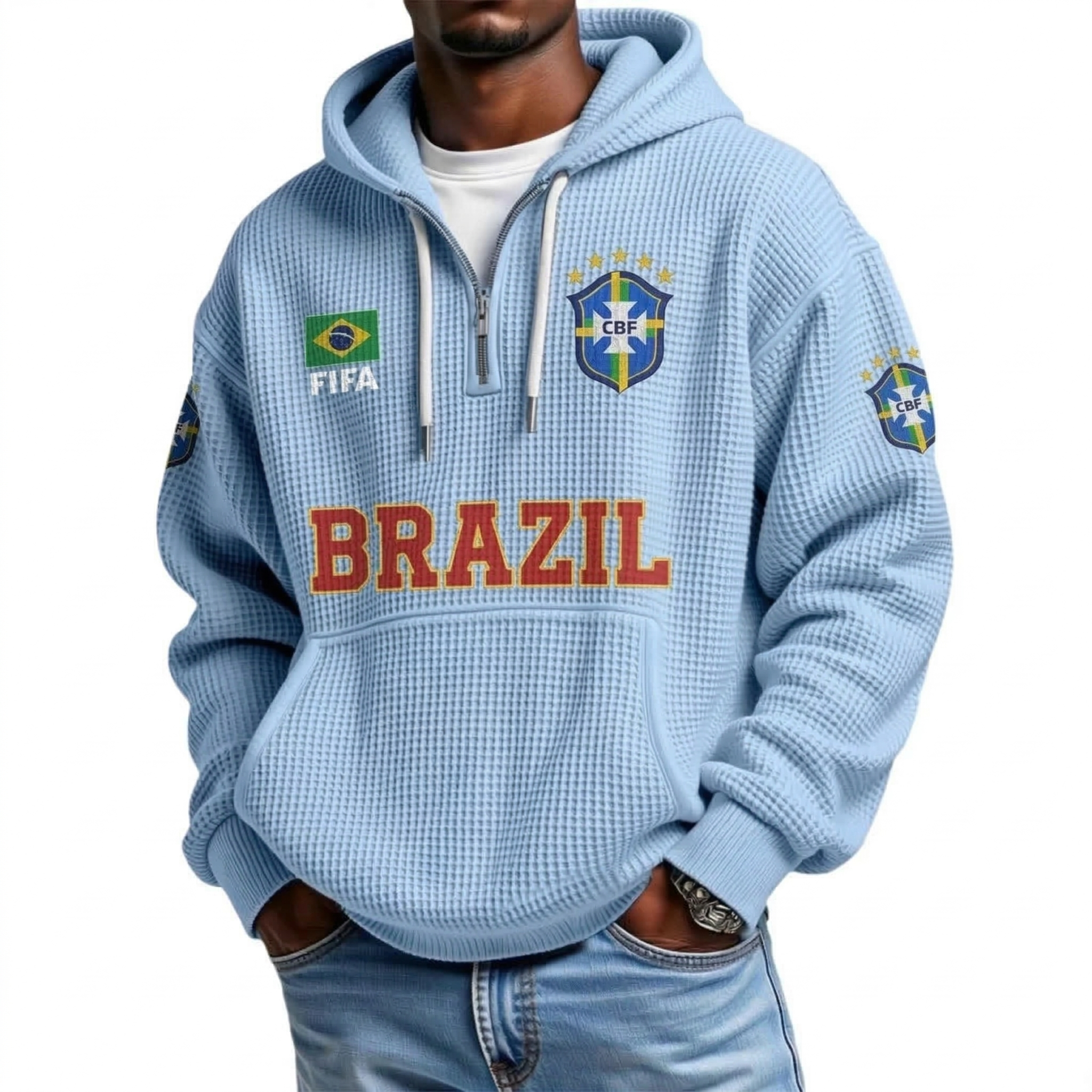 FIFA 2026 Brazil Printed Waffle Quarter Zip Football Fan Hoodie