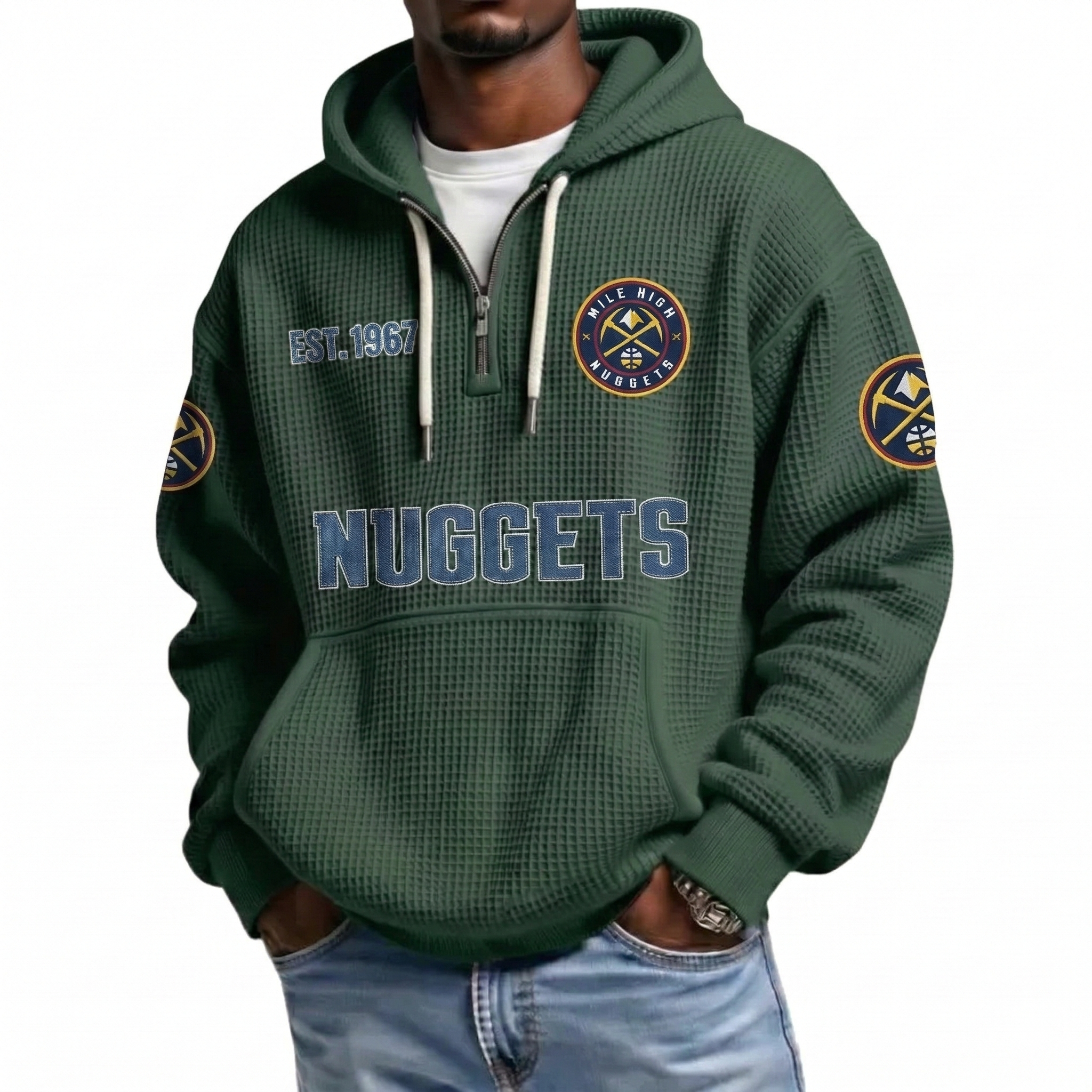 Denver Nuggets EST 1967 Printed Waffle Quarter Zip Basketball Fan Hoodie