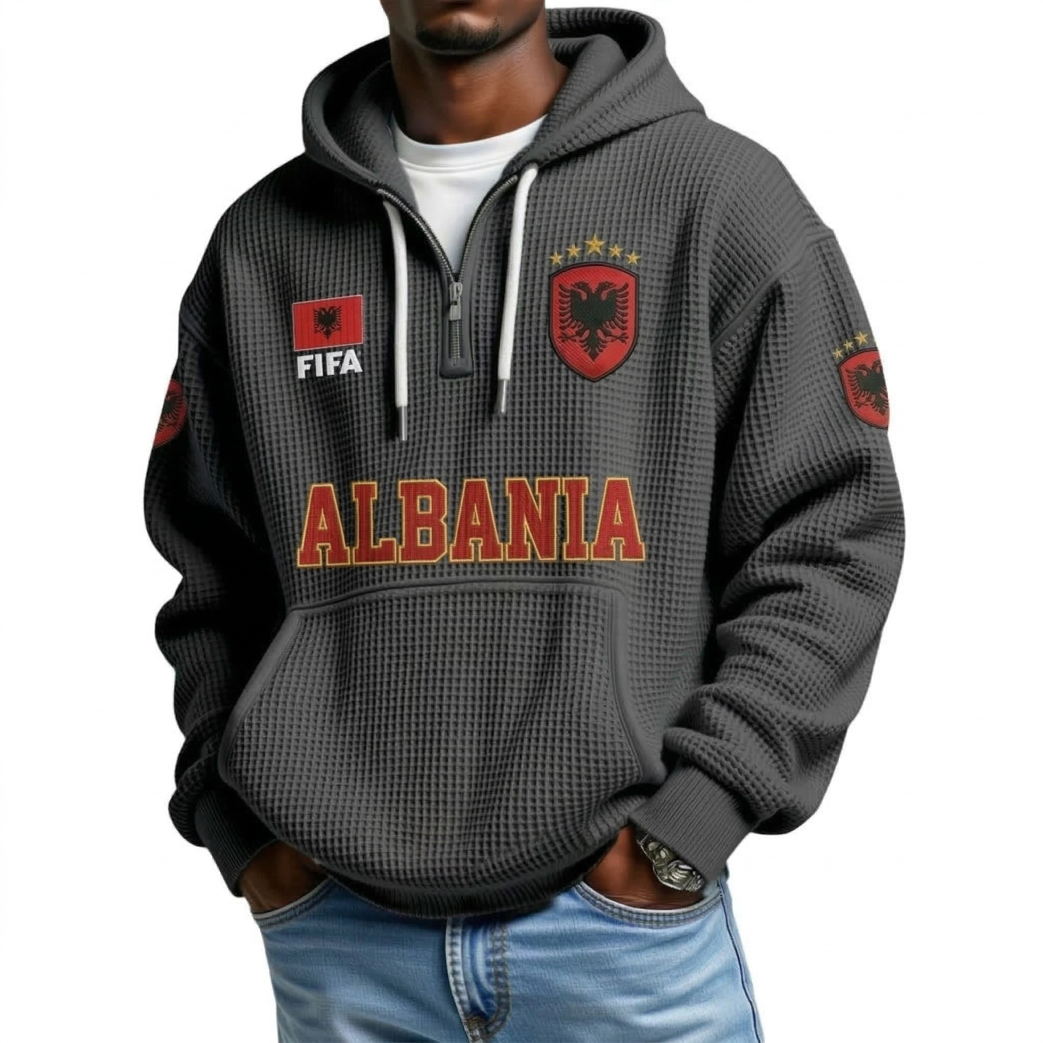 FIFA 2026 Albania Printed Waffle Quarter Zip Football Fan Hoodie
