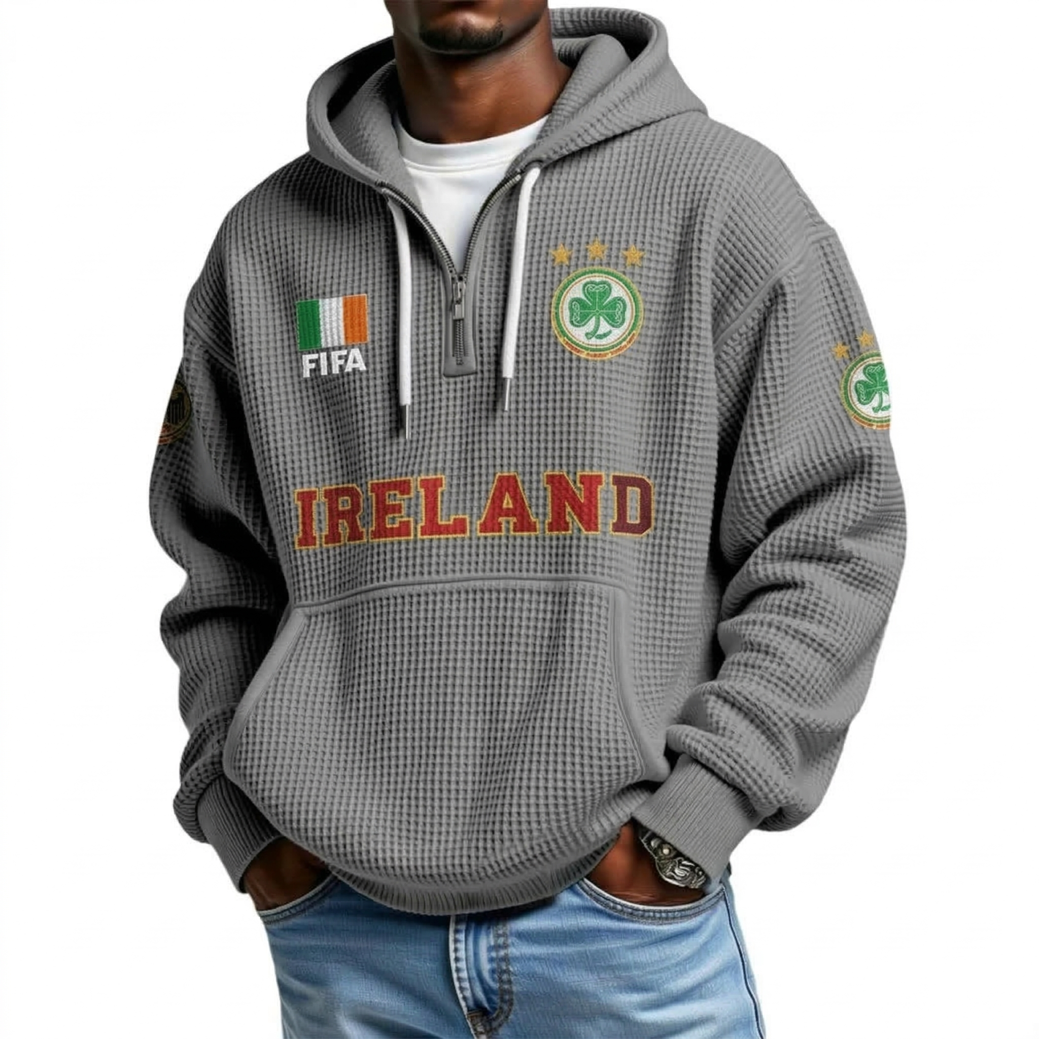 FIFA 2026 Ireland Printed Waffle Quarter Zip Football Fan Hoodie