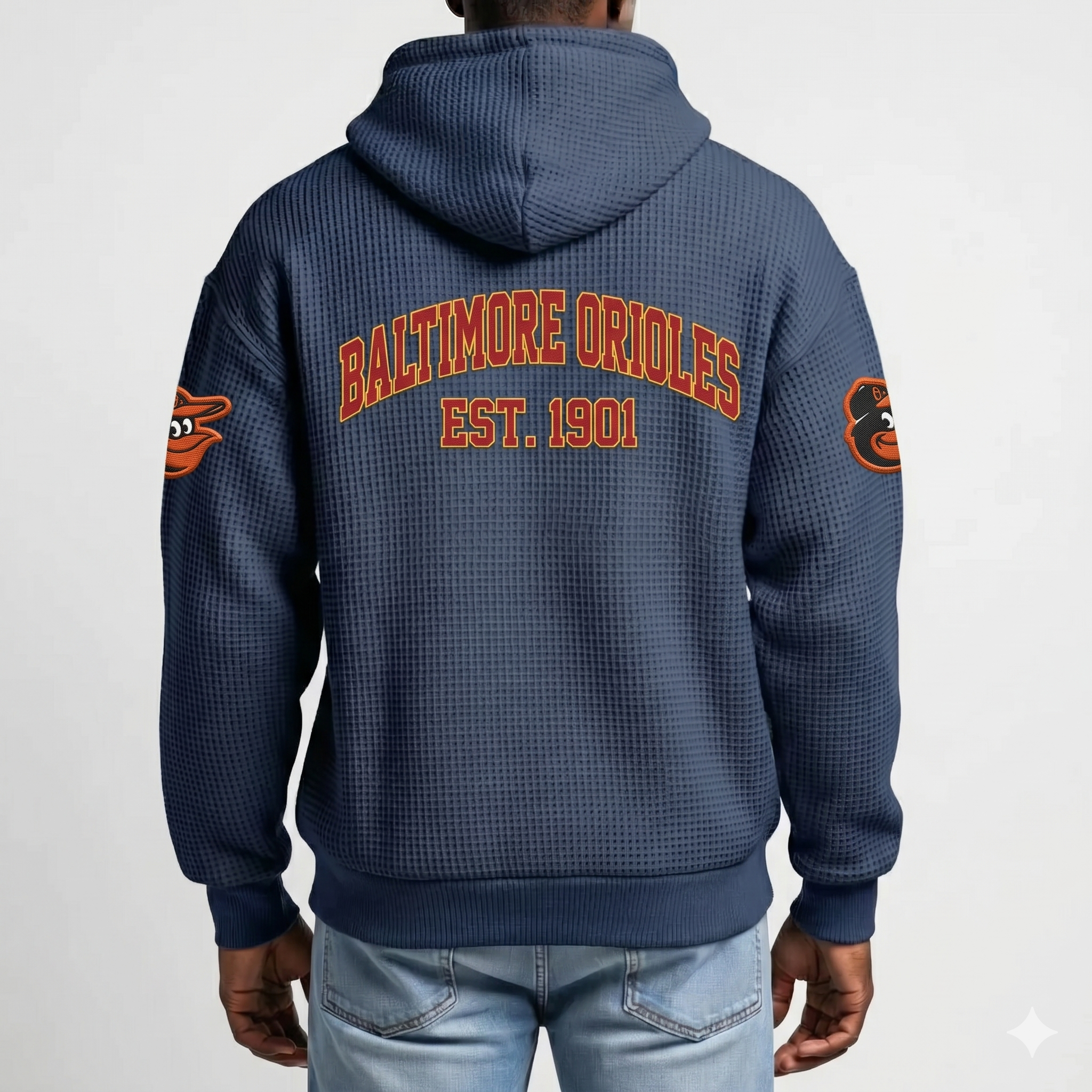 Baltimore Orioles EST 1901 Printed Waffle Quarter Zip Baseball Fan Hoodie