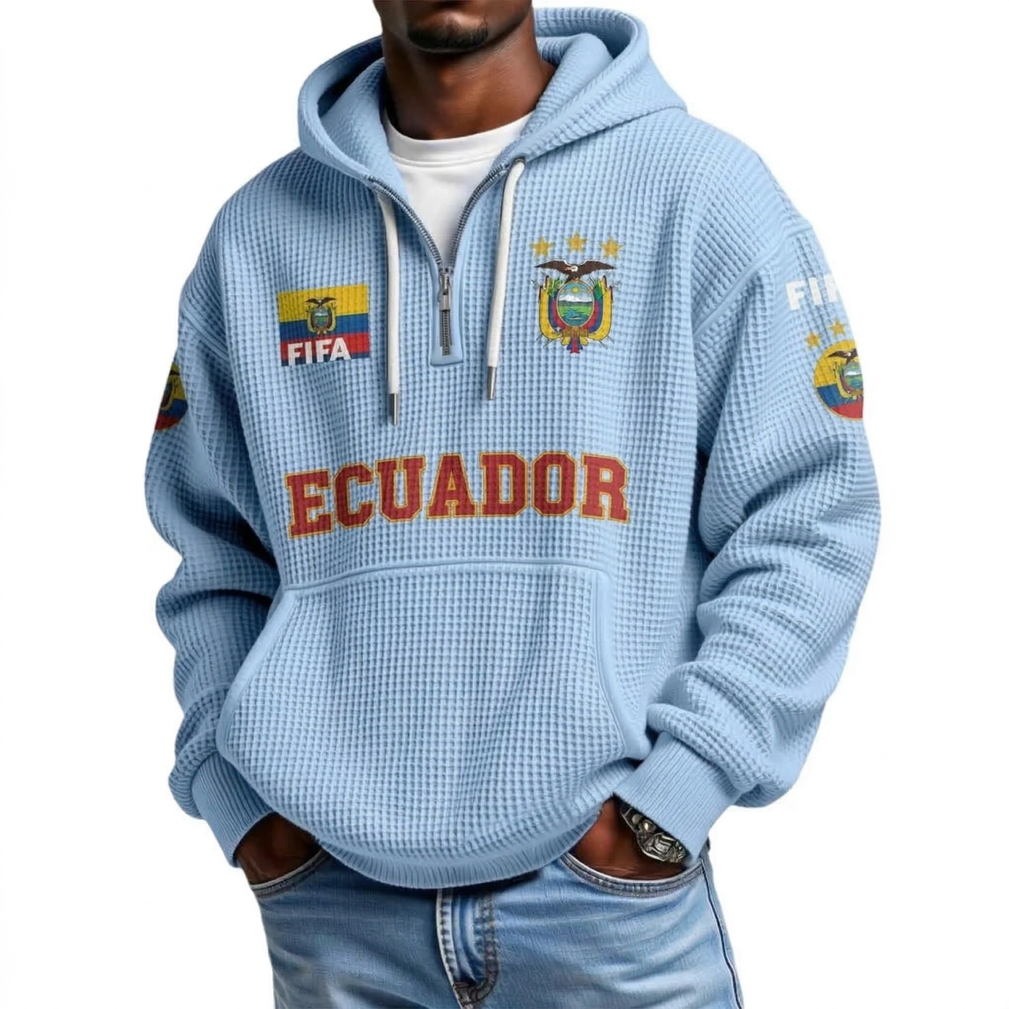 FIFA 2026 Ecuador Printed Waffle Quarter Zip Football Fan Hoodie