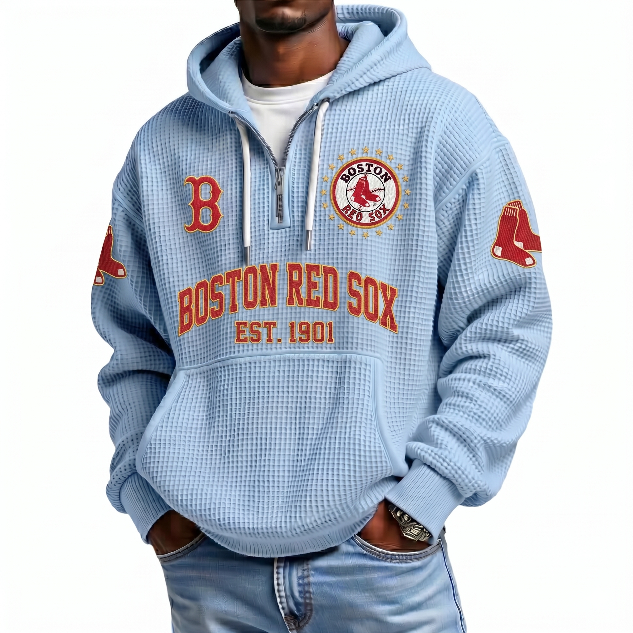 Boston Red Sox EST 1901 Printed Waffle Quarter Zip Baseball Fan Hoodie