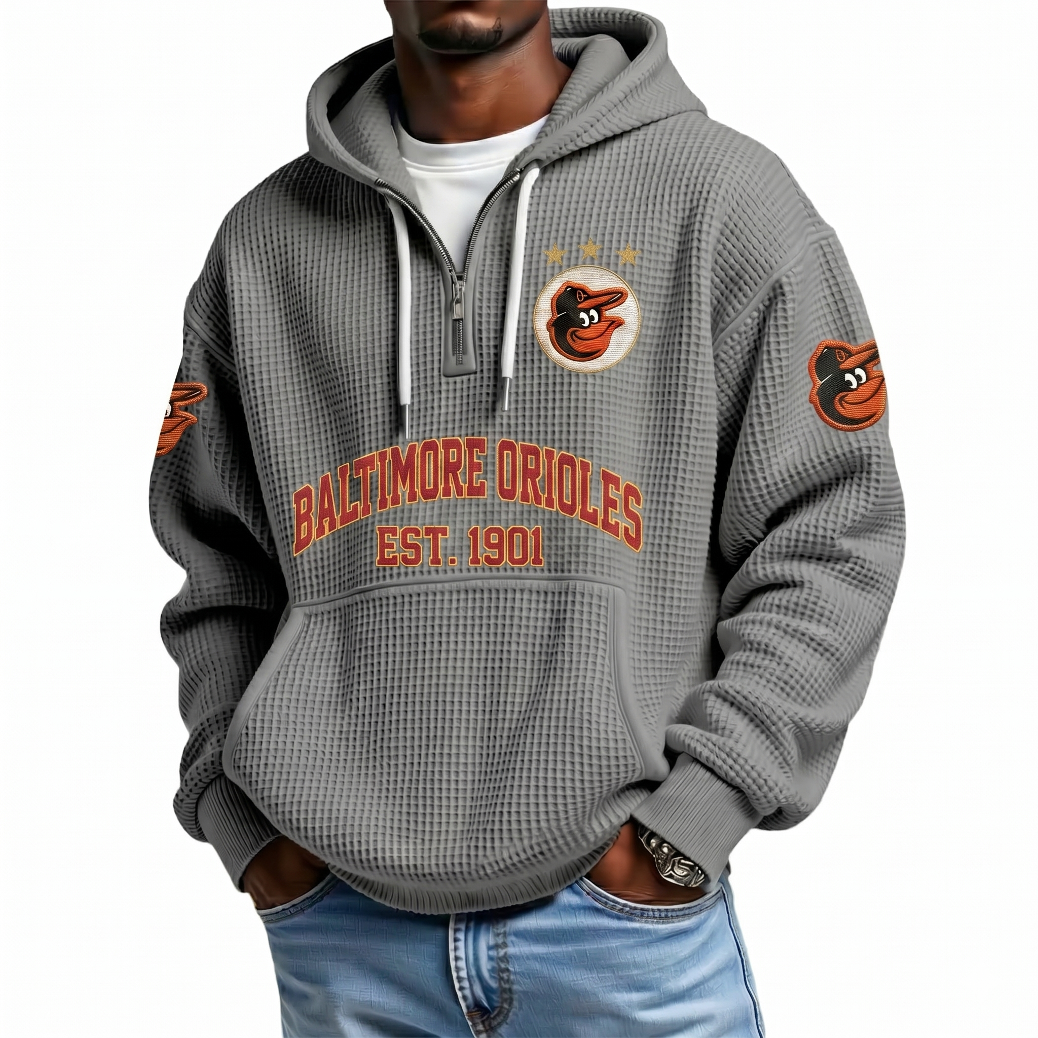 Baltimore Orioles EST 1901 Printed Waffle Quarter Zip Baseball Fan Hoodie