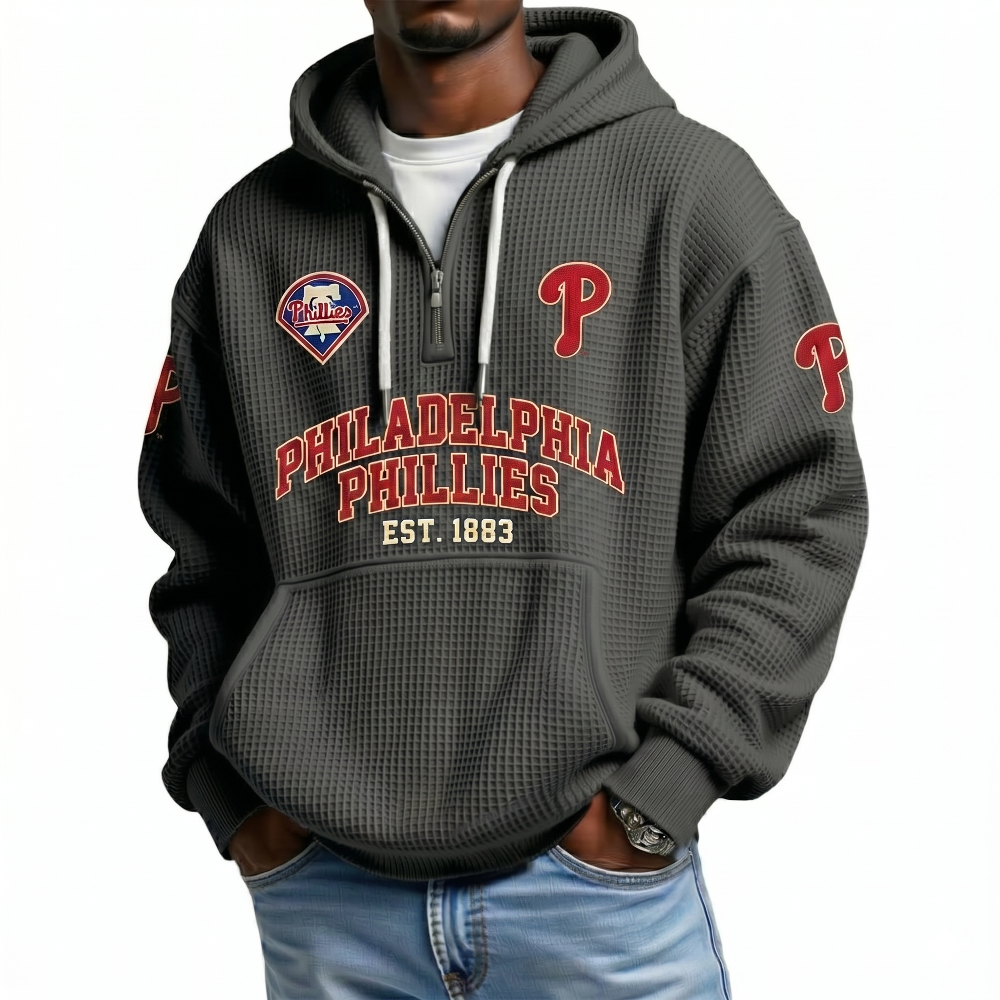 Washington Nationals EST 1969 Printed Waffle Quarter Zip Baseball Fan Hoodie