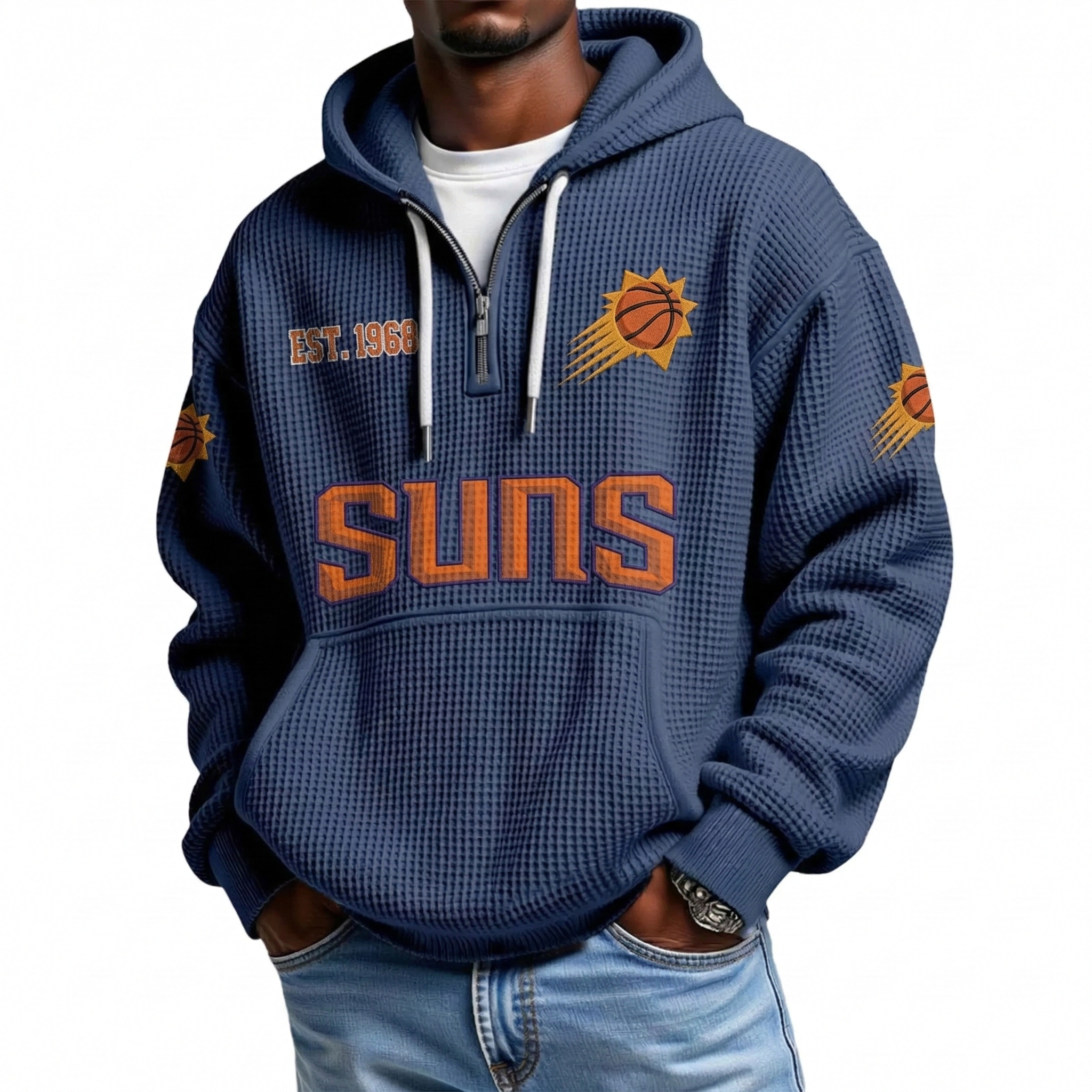 Phoenix Suns EST 1968 Printed Waffle Quarter Zip Basketball Fan Hoodie