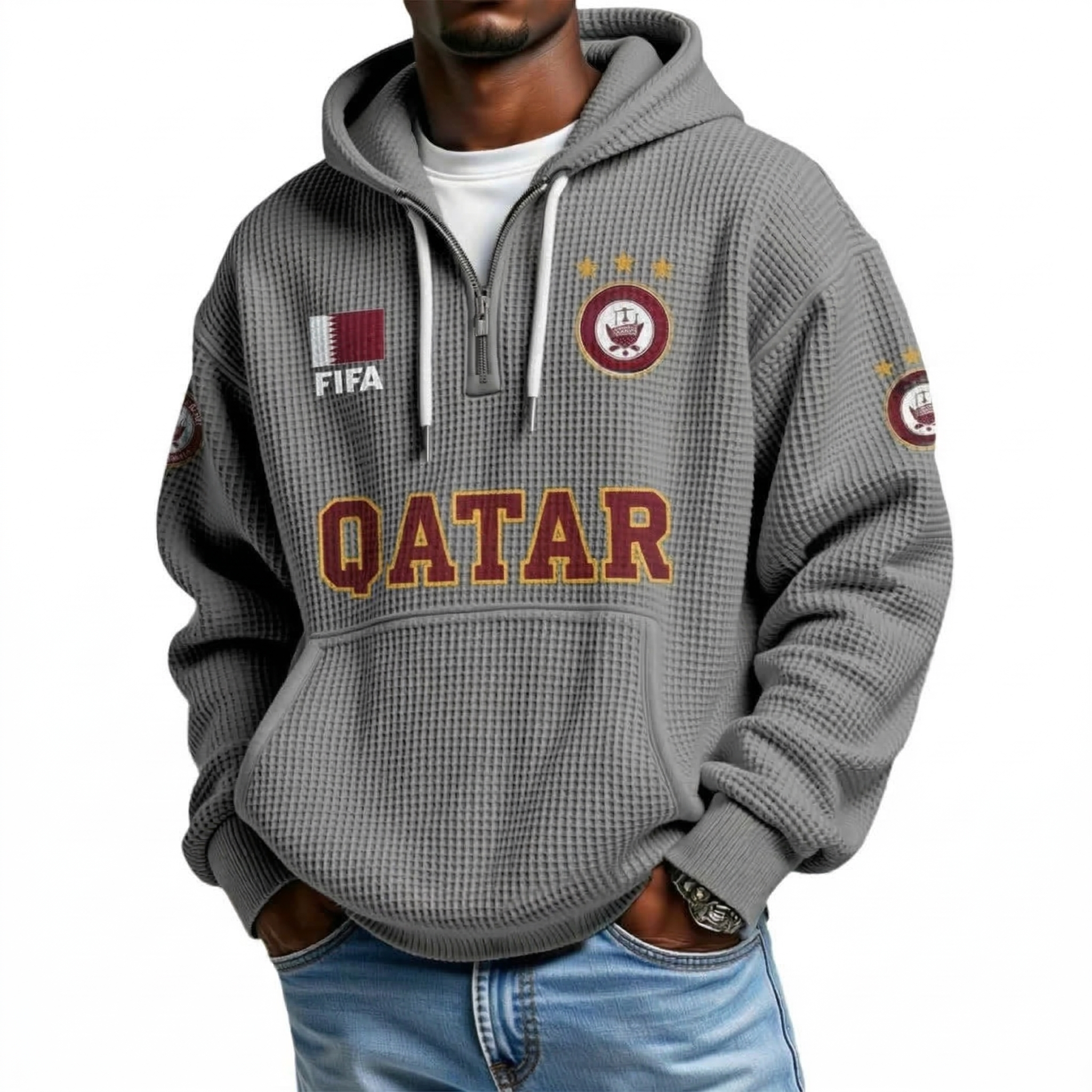 FIFA 2026 Qatar Printed Waffle Quarter Zip Football Fan Hoodie