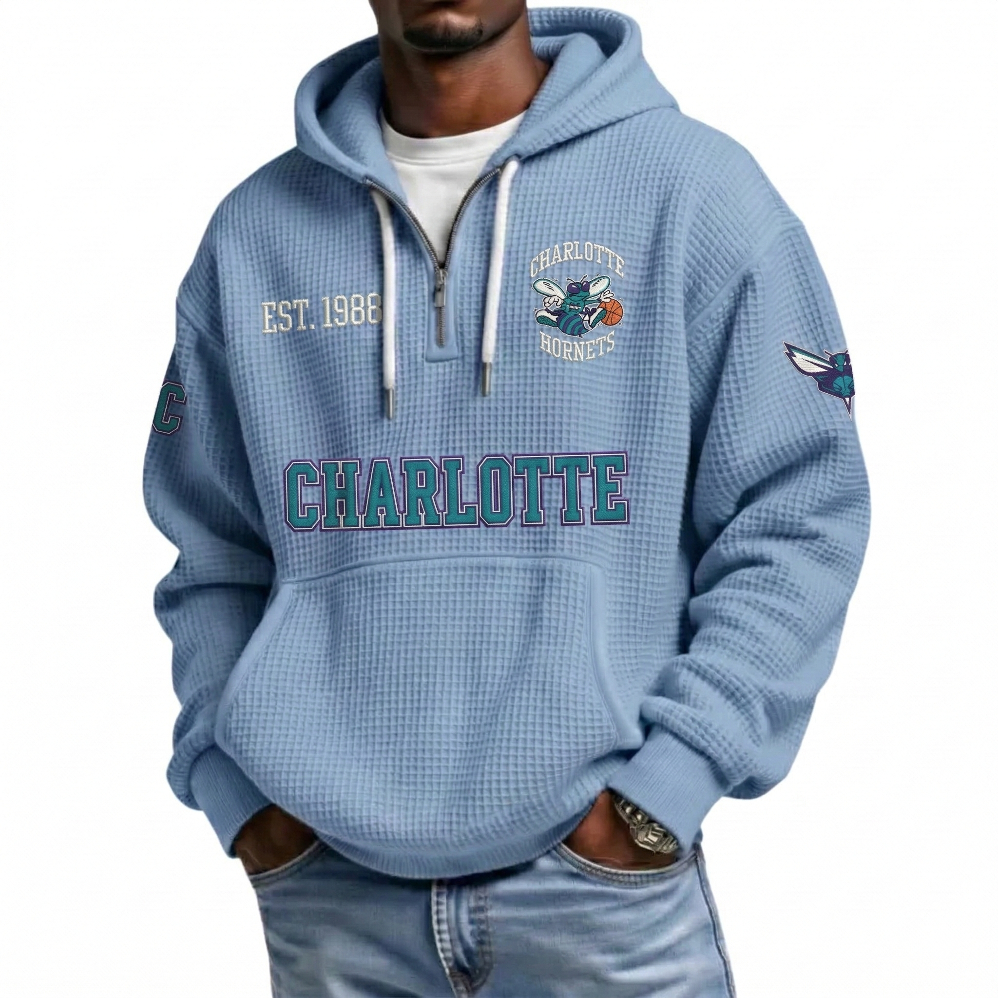 Charlotte Hornets EST 1988 Printed Waffle Quarter Zip Basketball Fan Hoodie