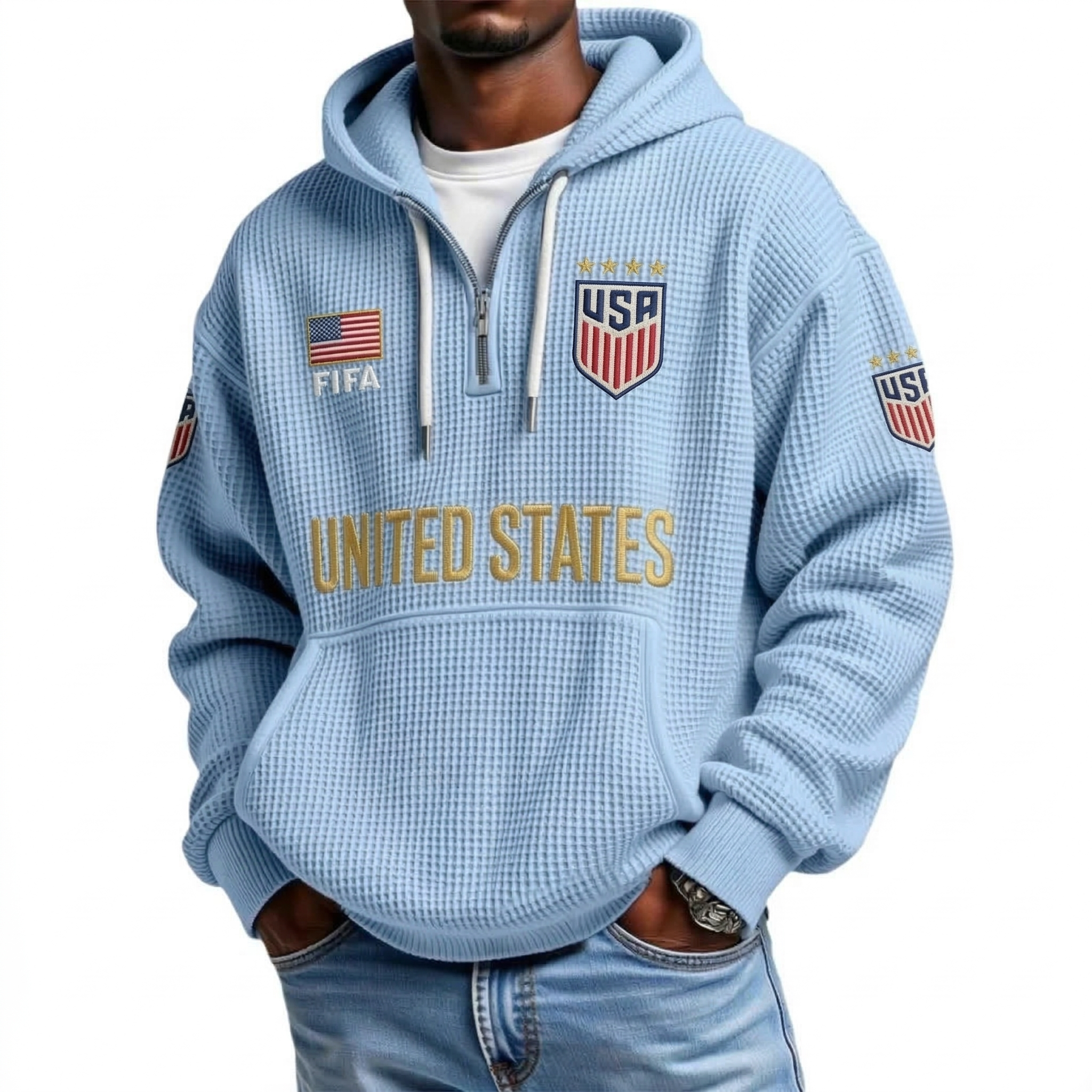 FIFA 2026 United States Printed Waffle Quarter Zip Football Fan Hoodie