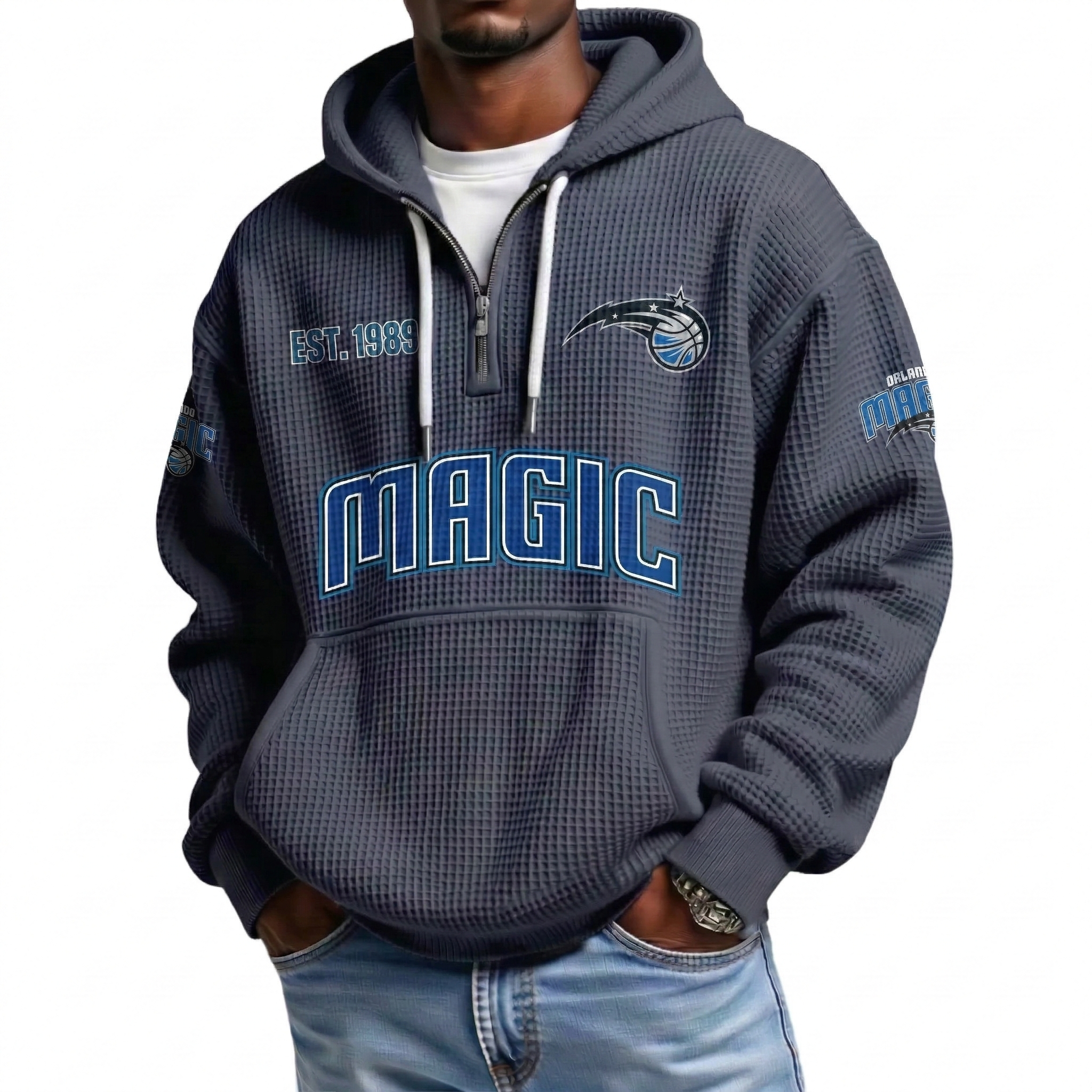 Orlando Magic EST 1989 Printed Waffle Quarter Zip Basketball Fan Hoodie