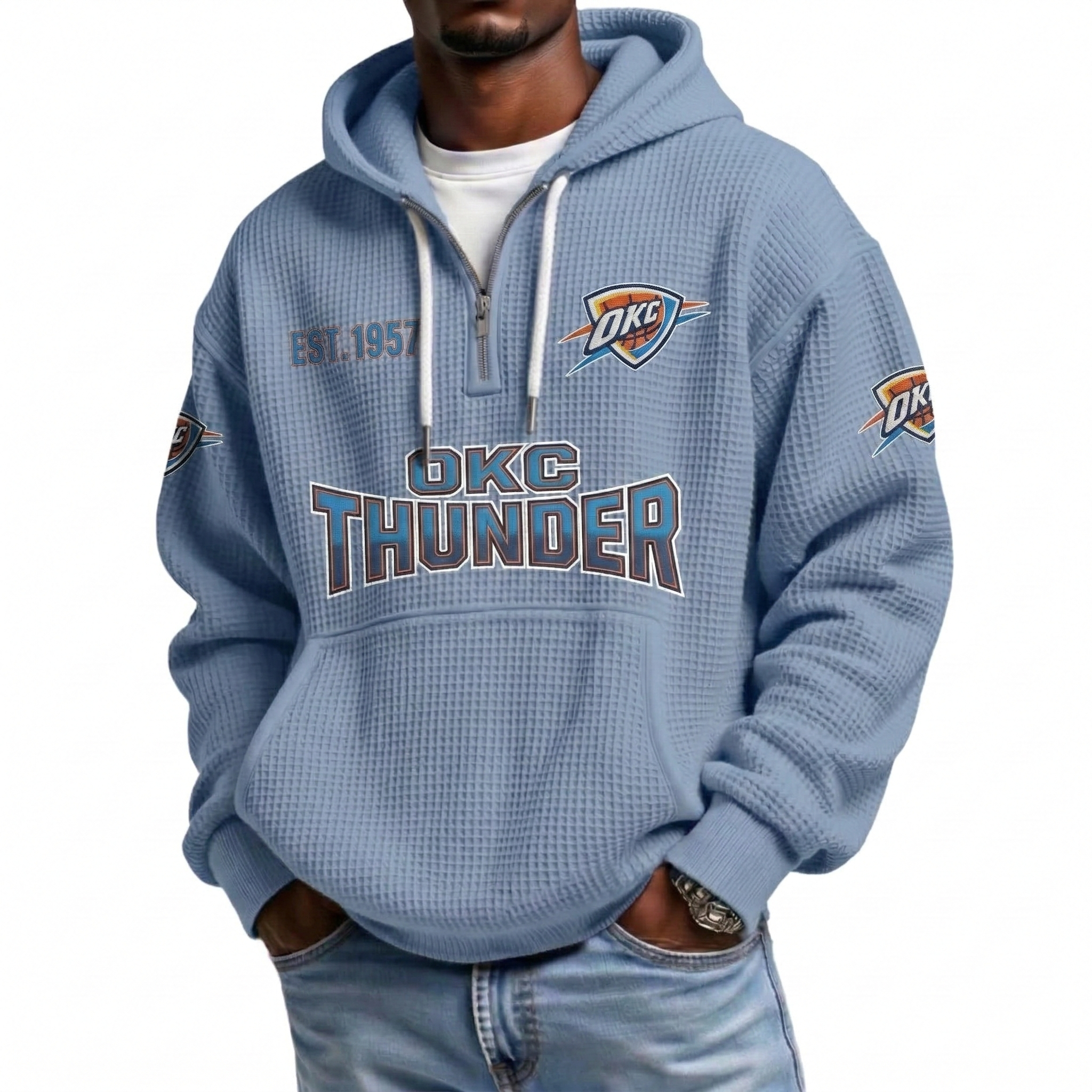 Oklahoma City Thunder EST 1967 Printed Waffle Quarter Zip Basketball Fan Hoodie