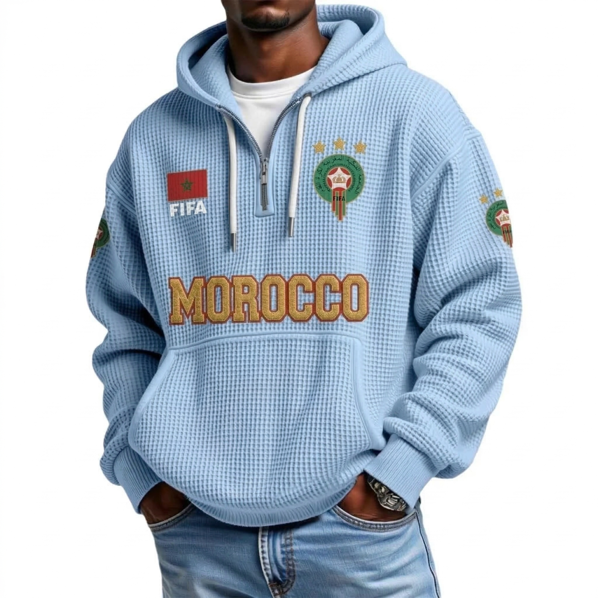 FIFA 2026 Morocco Printed Waffle Quarter Zip Football Fan Hoodie