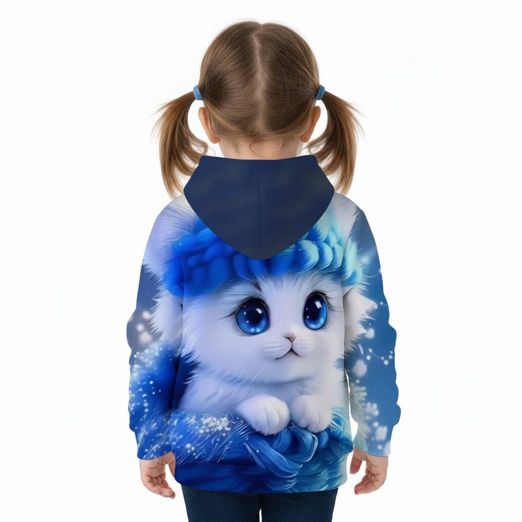 Kitten Graphic Print Hoodie With Floral Details For Kids