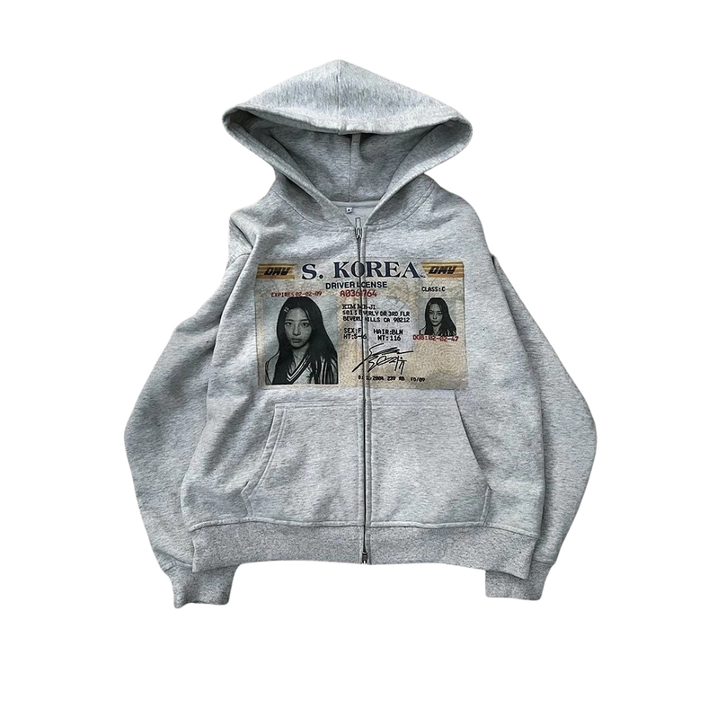 Korean Style ID Graphic Printed Zip Up Hoodie