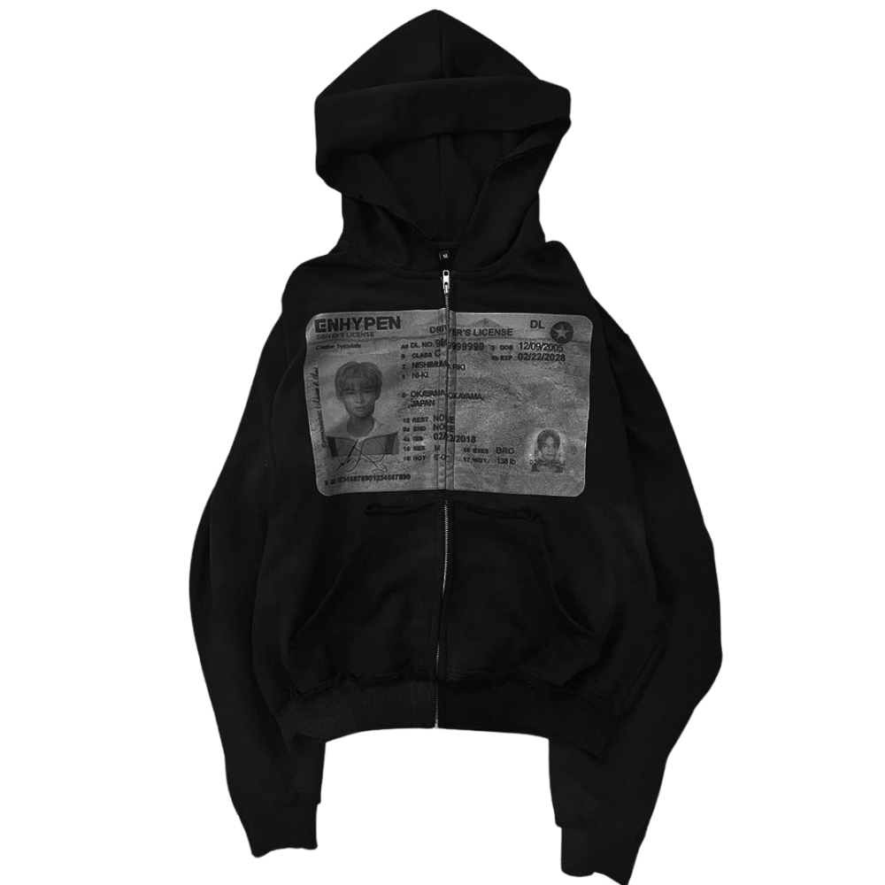 Korean Style ID Graphic Printed Zip Up Hoodie