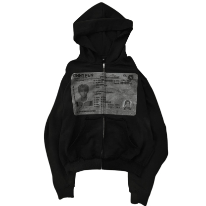 Korean Style ID Graphic Printed Zip Up Hoodie