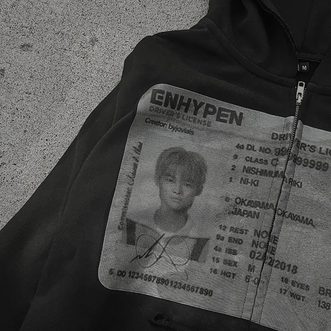 Korean Style ID Graphic Printed Zip Up Hoodie