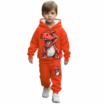 2 Piece Of Cartoon Dinosaur Print Hoodie And Sweatpants Set For boy