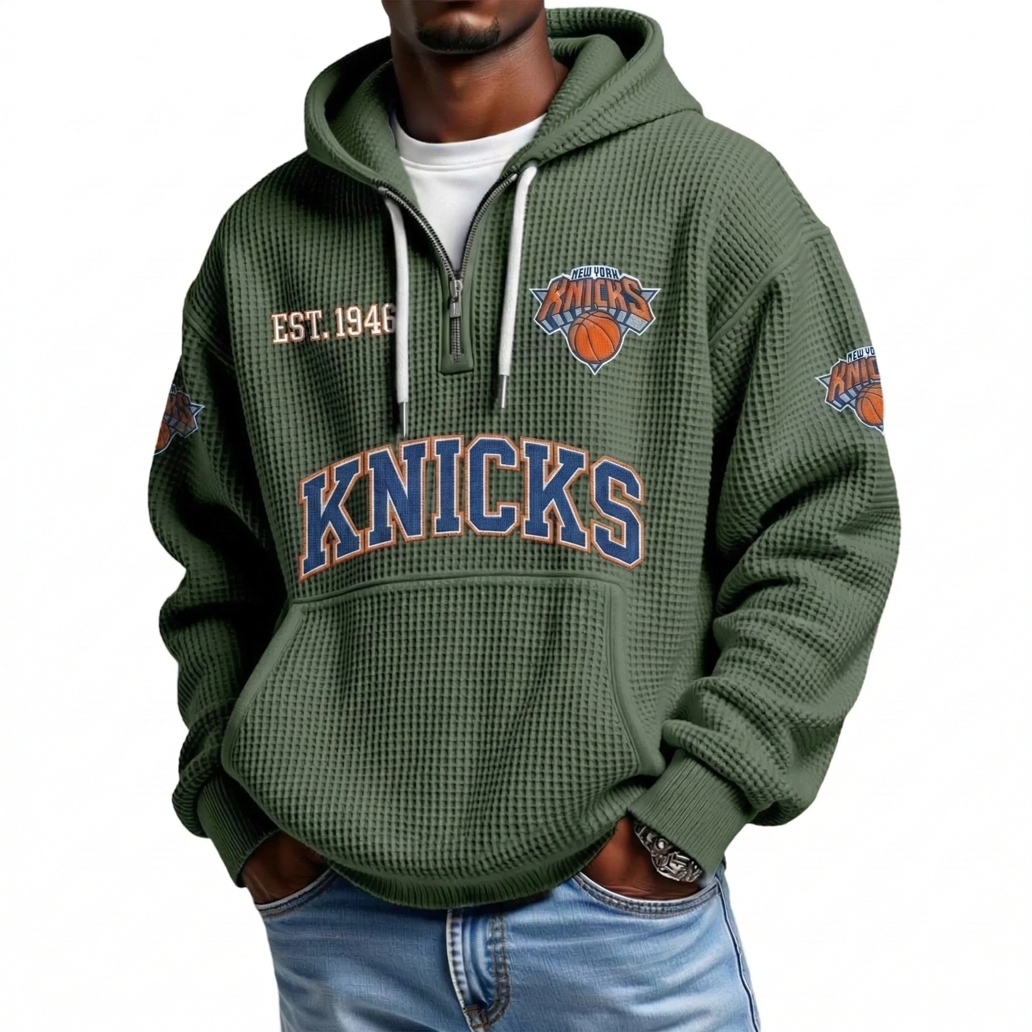 New York Knicks New York EST 1946 Printed Waffle Quarter Zip Basketball Fan Hoodie