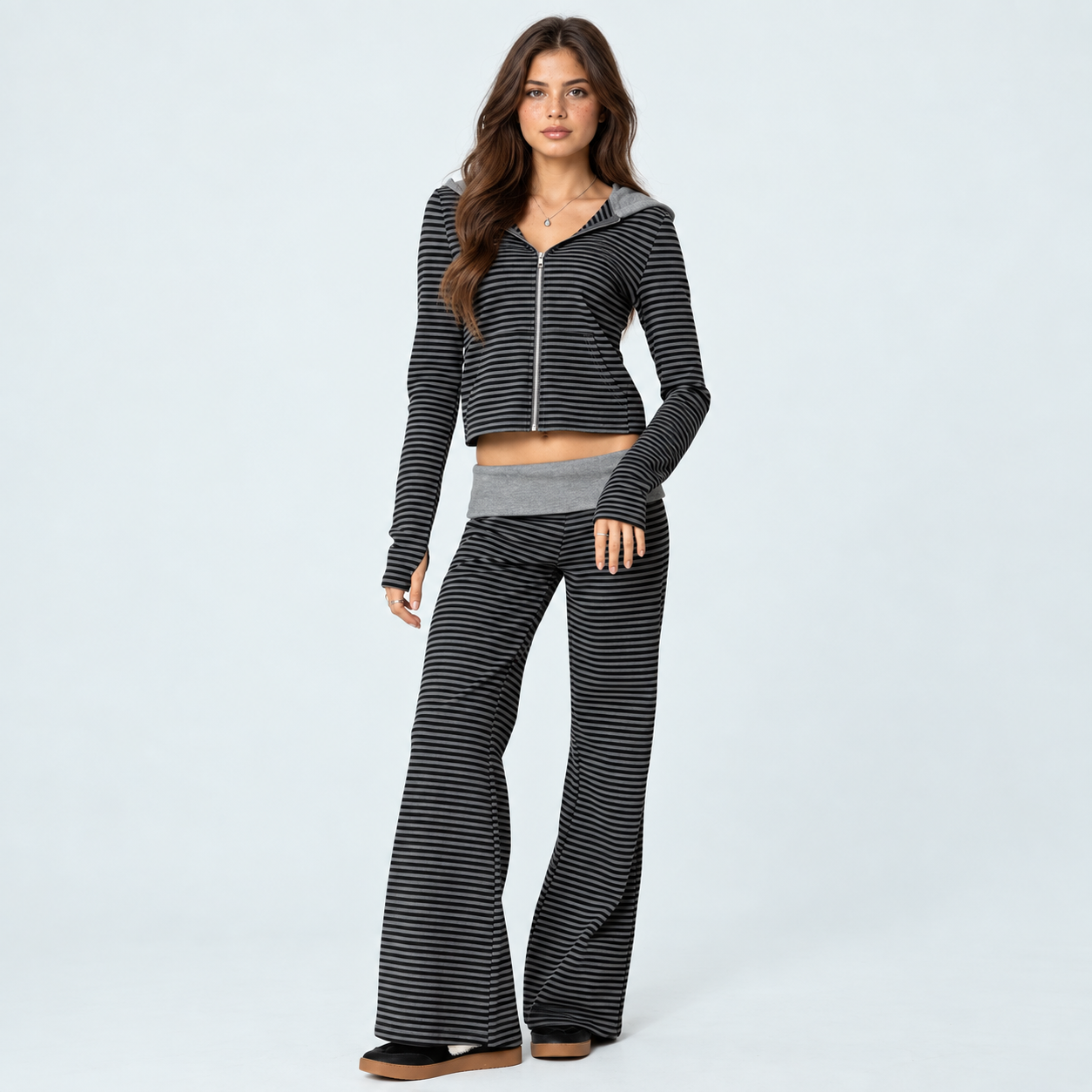 Striped Zip Up Long Sleeve Casual Hoodie Everyday Wear For Women