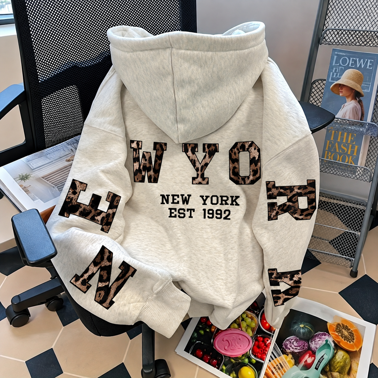 Printed Loose Long Sleeve Pocket Hoodie For Women