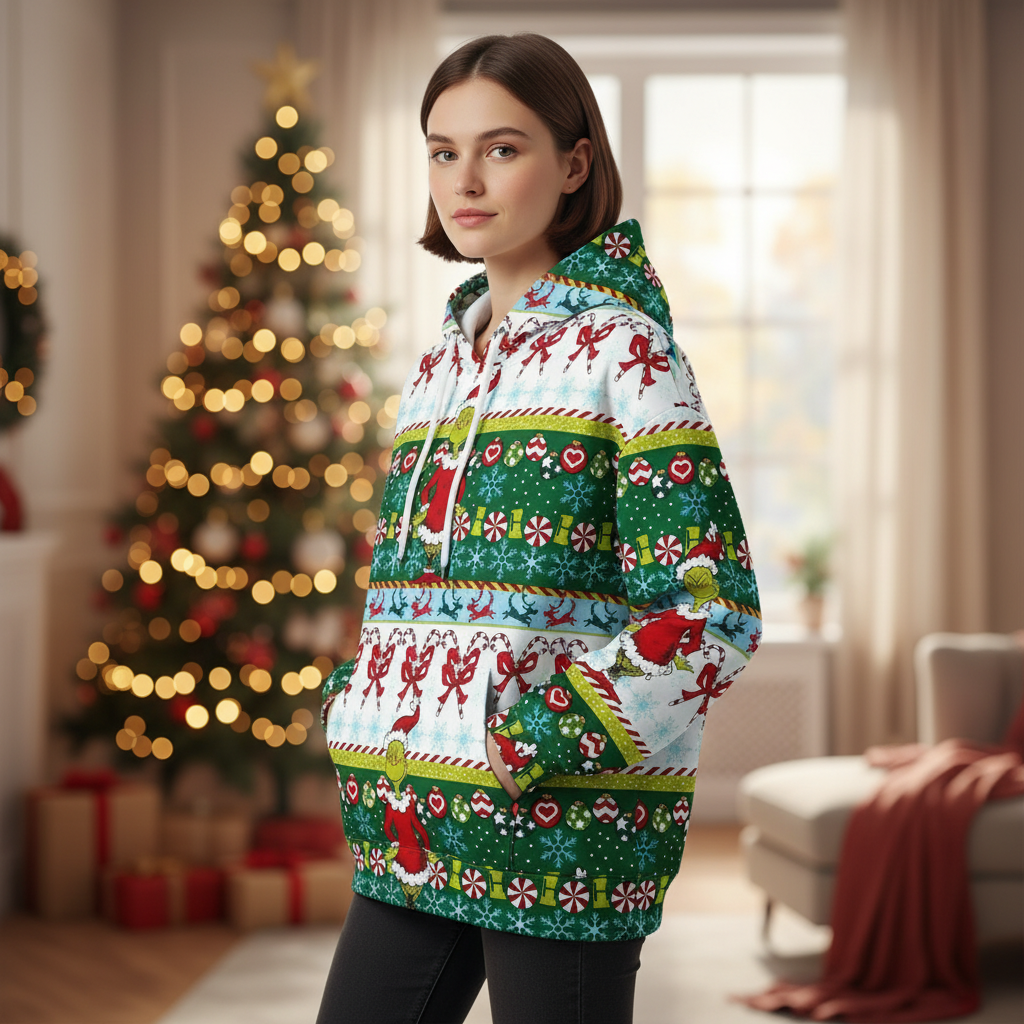 Ugly Christmas Themed Oversized Cartoon Printed Hoodie