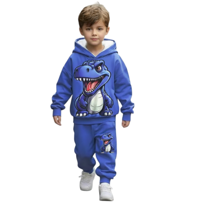2 Piece Of Cartoon Dinosaur Print Hoodie And Sweatpants Set For boy