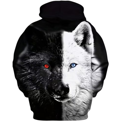 Casual Street Style Wolf Print Men Hoodie With Kangaroo Pockets